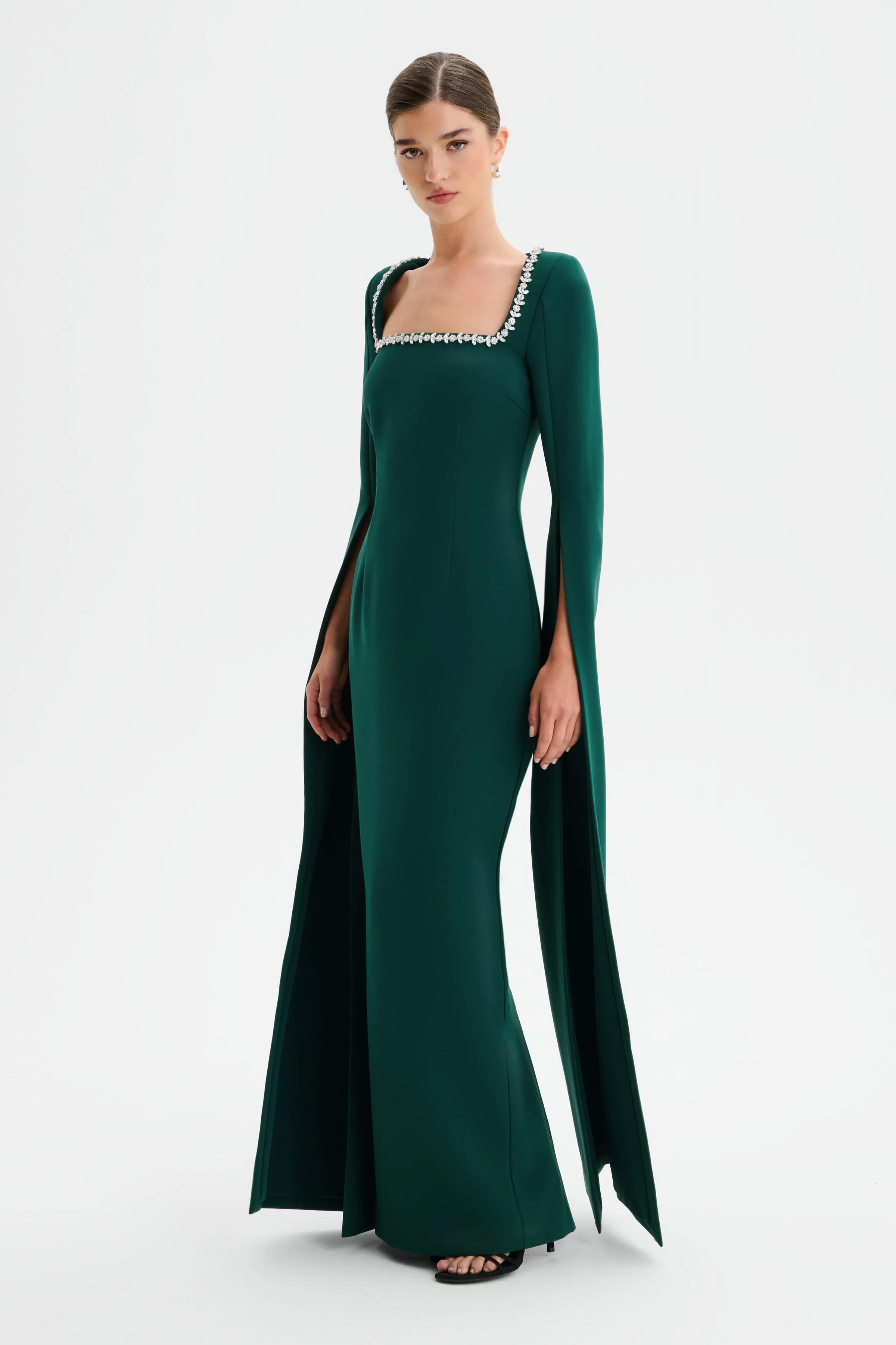 GRACE Square Neck Embellished Cape Sleeve Maxi Dress in Emerald Green sold by Lavish Alice product image thumbnail 3