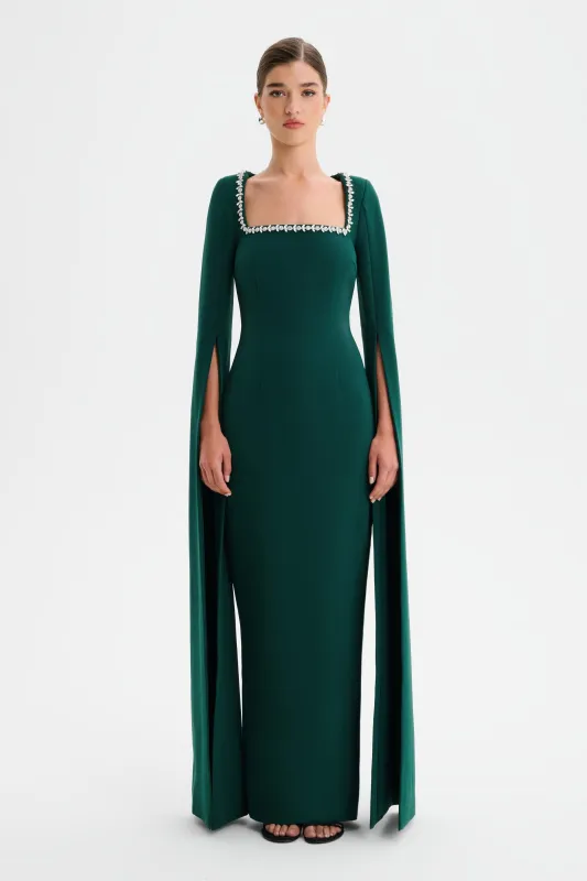GRACE Square Neck Embellished Cape Sleeve Maxi Dress in Emerald Green sold by Lavish Alice