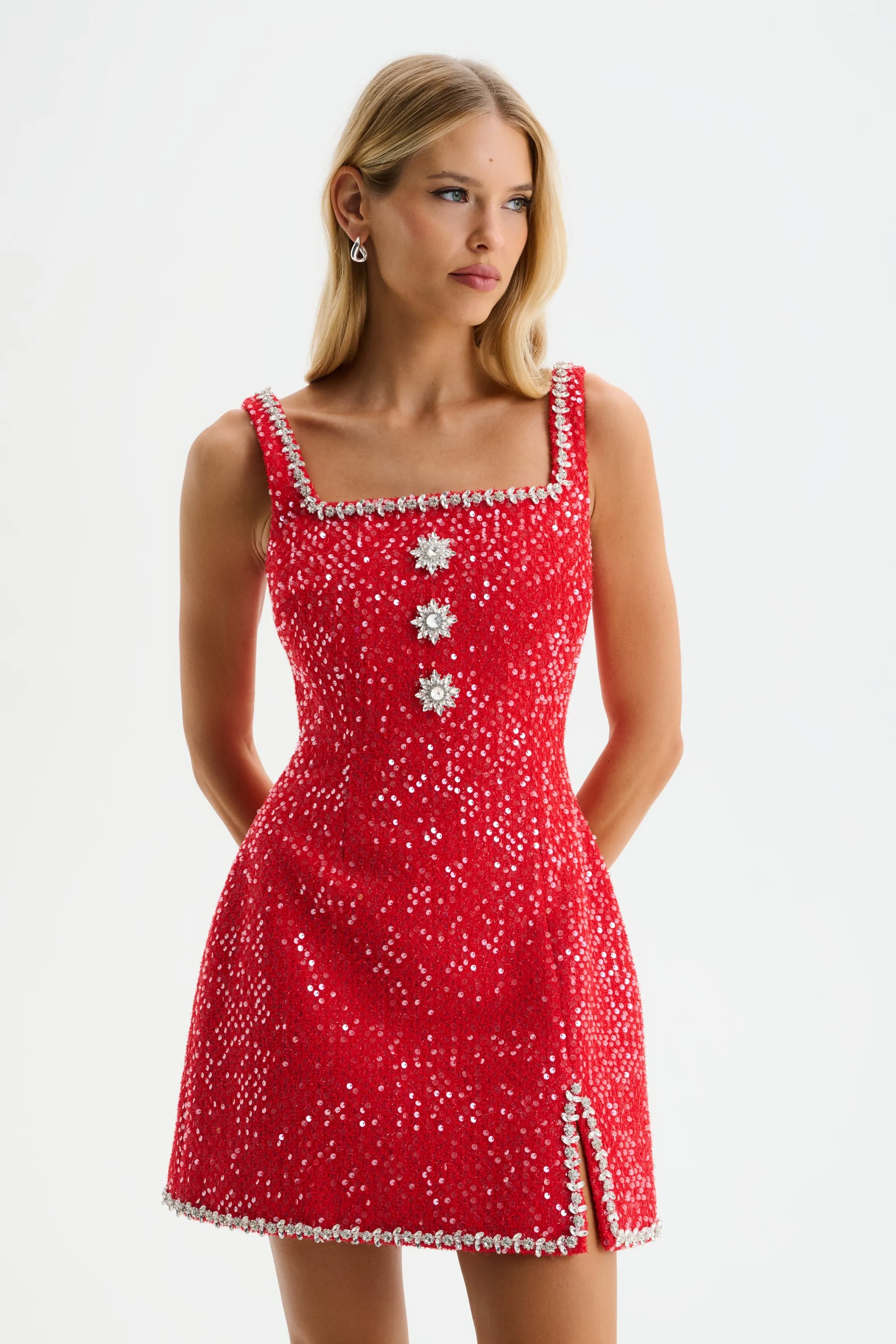 ZOEY Embellished Boucle Tulip Mini Dress in Red sold by Lavish Alice product image thumbnail 4
