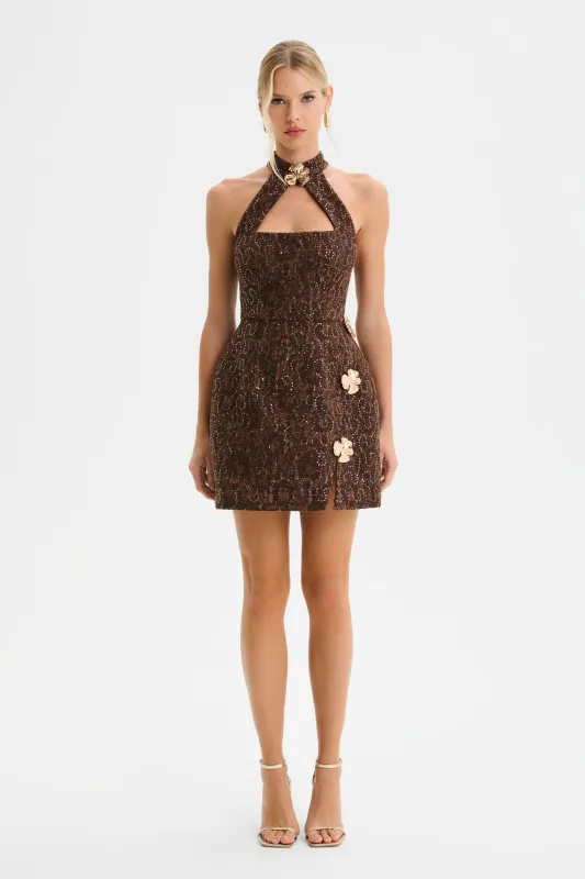 DARCIE Lace Boucle High Neck Tulip Mini Dress in Chocolate sold by Lavish Alice