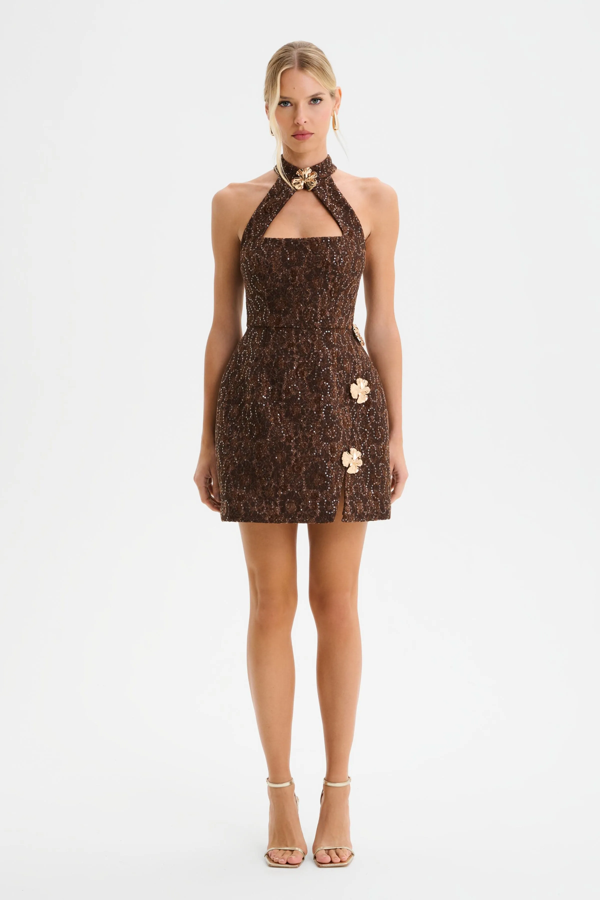 DARCIE Lace Boucle High Neck Tulip Mini Dress in Chocolate sold by Lavish Alice