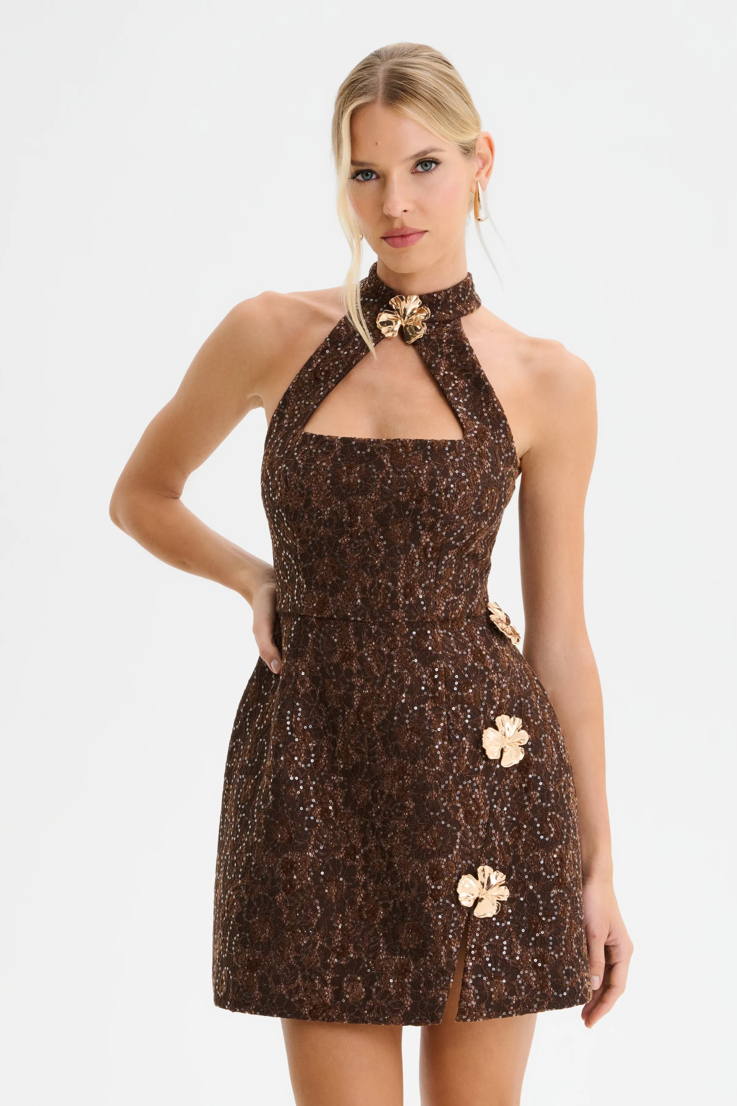 DARCIE Lace Boucle High Neck Tulip Mini Dress in Chocolate sold by Lavish Alice product image thumbnail 5