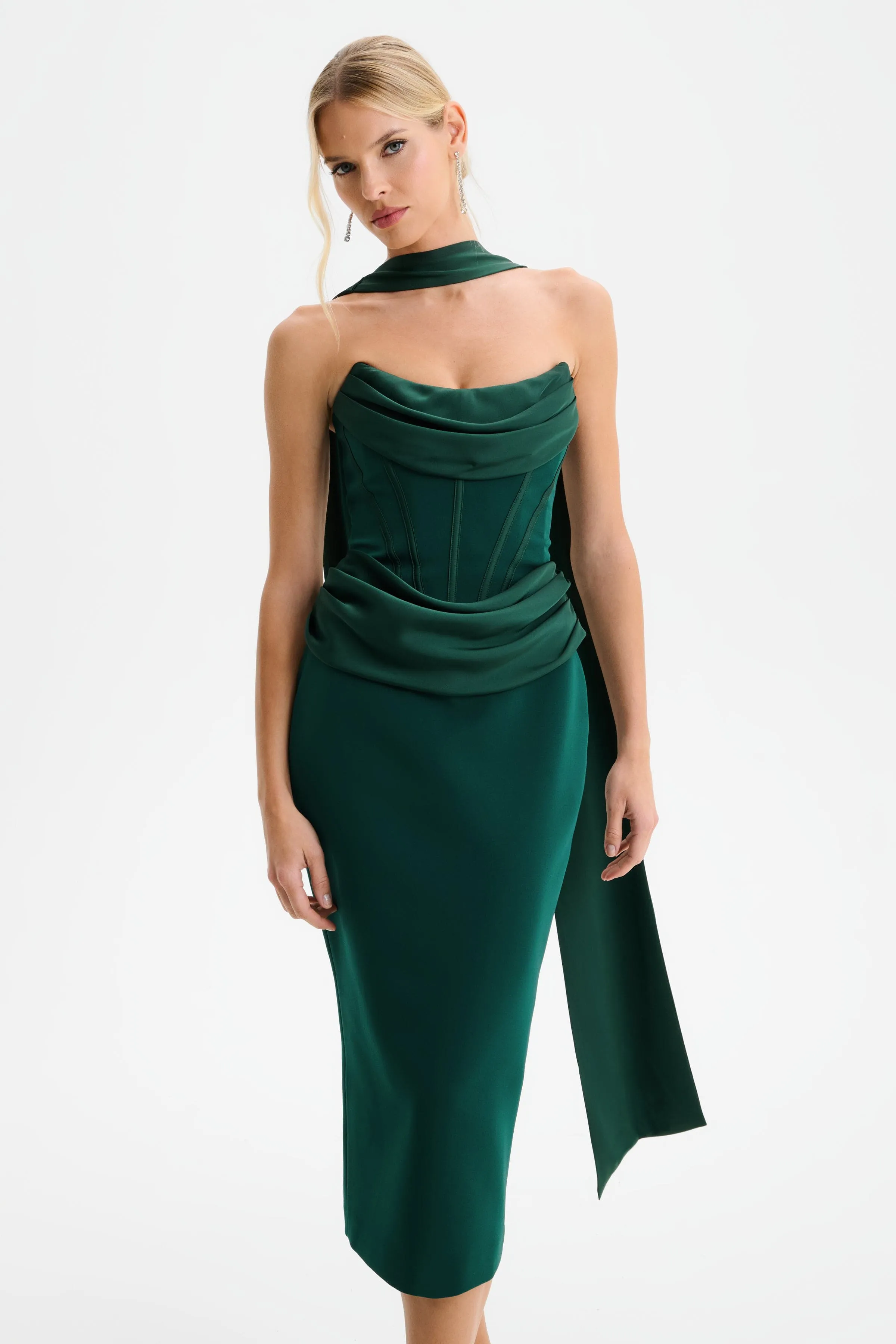 ZENDEYA Satin Draped Corset Midi Dress with Neck Scarf in Emerald Green sold by Lavish Alice product image thumbnail 4