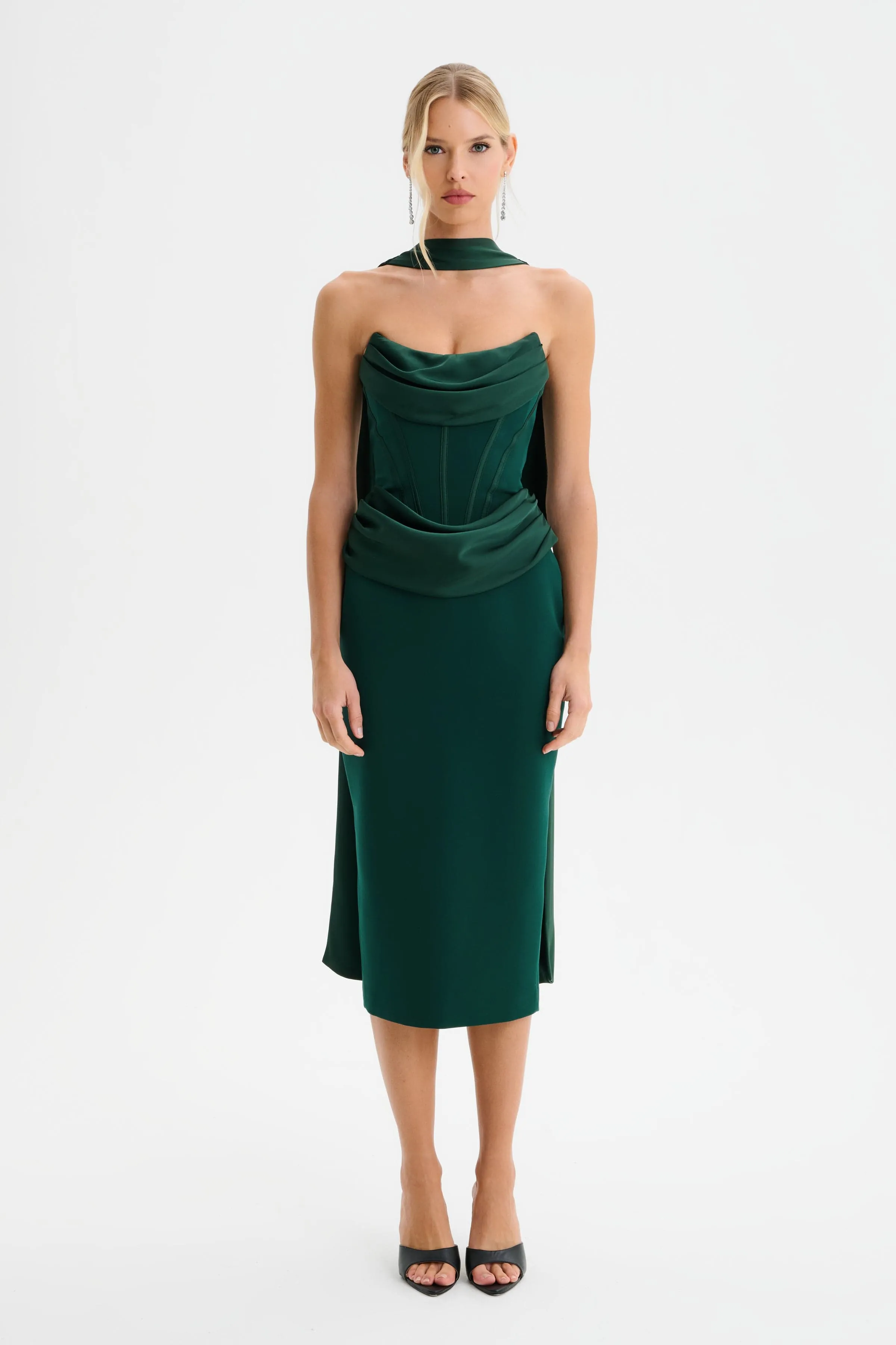 ZENDEYA Satin Draped Corset Midi Dress with Neck Scarf in Emerald Green sold by Lavish Alice