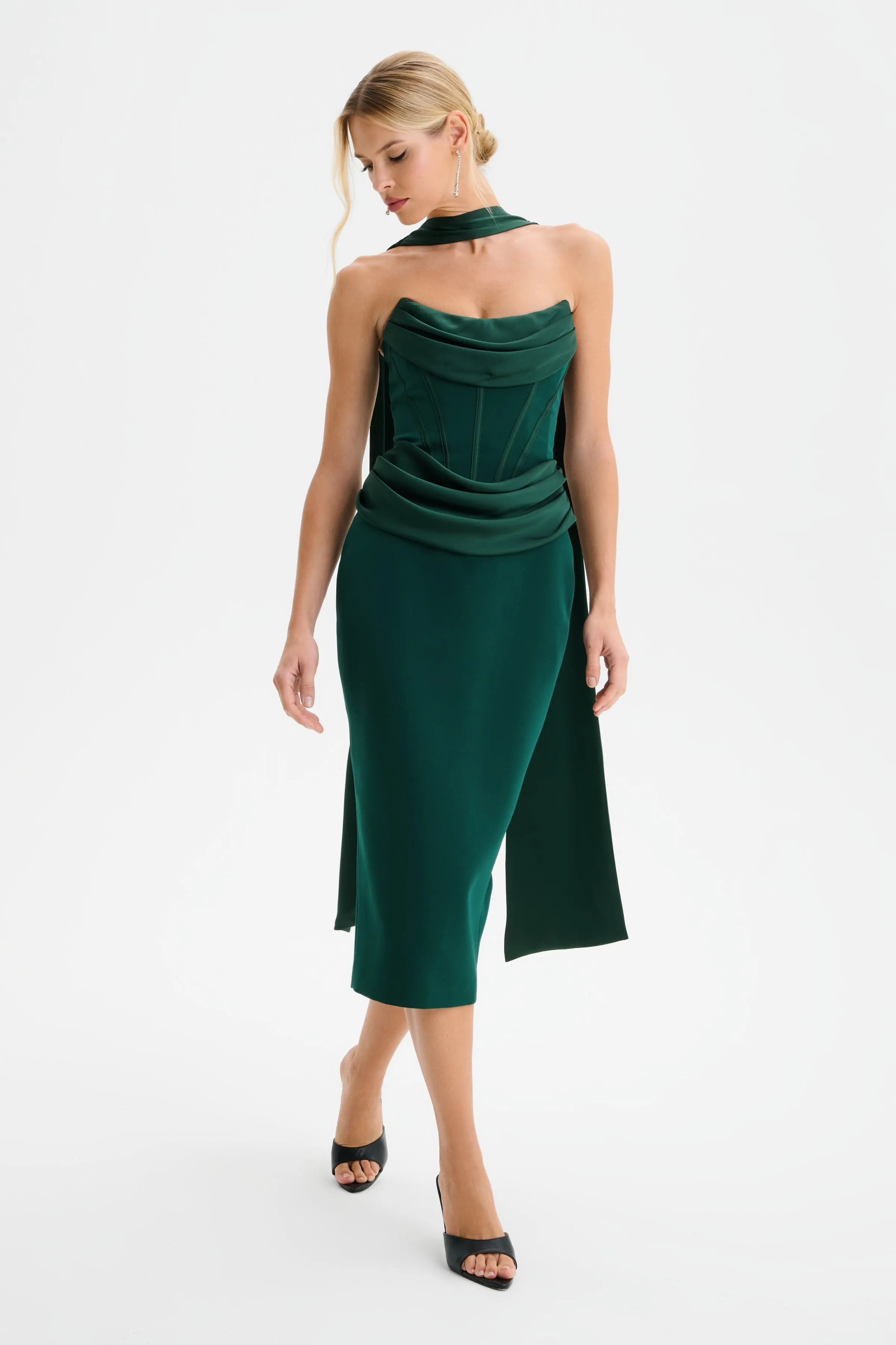 ZENDEYA Satin Draped Corset Midi Dress with Neck Scarf in Emerald Green sold by Lavish Alice product image thumbnail 2