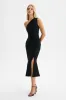 DAHLIA One Shoulder Micro Button Midi Dress in Black sold by Lavish Alice