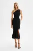 DAHLIA One Shoulder Micro Button Midi Dress in Black sold by Lavish Alice