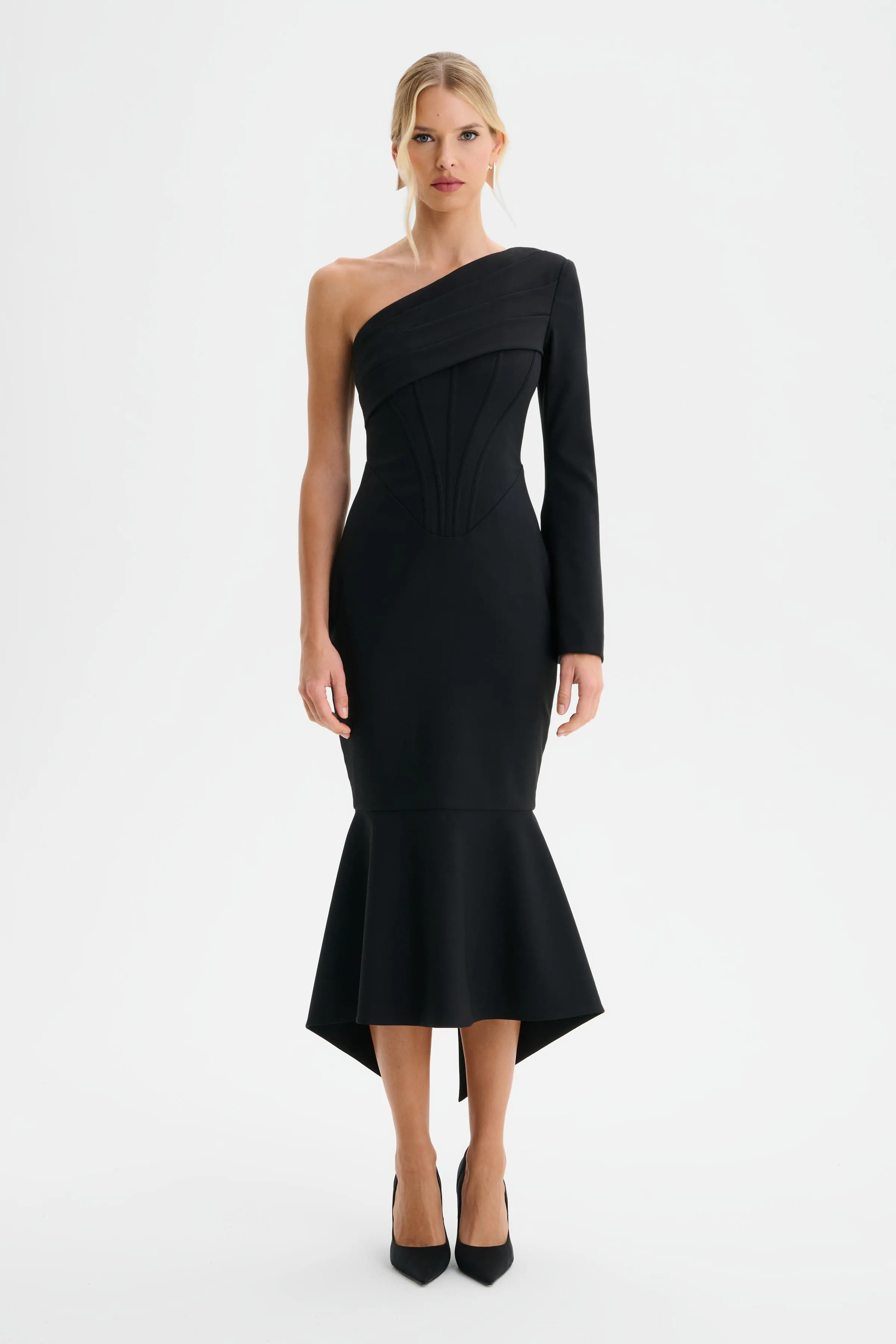 ARIANNA One Shoulder Corset Detail Fishtail Midi Dress in Black sold by Lavish Alice