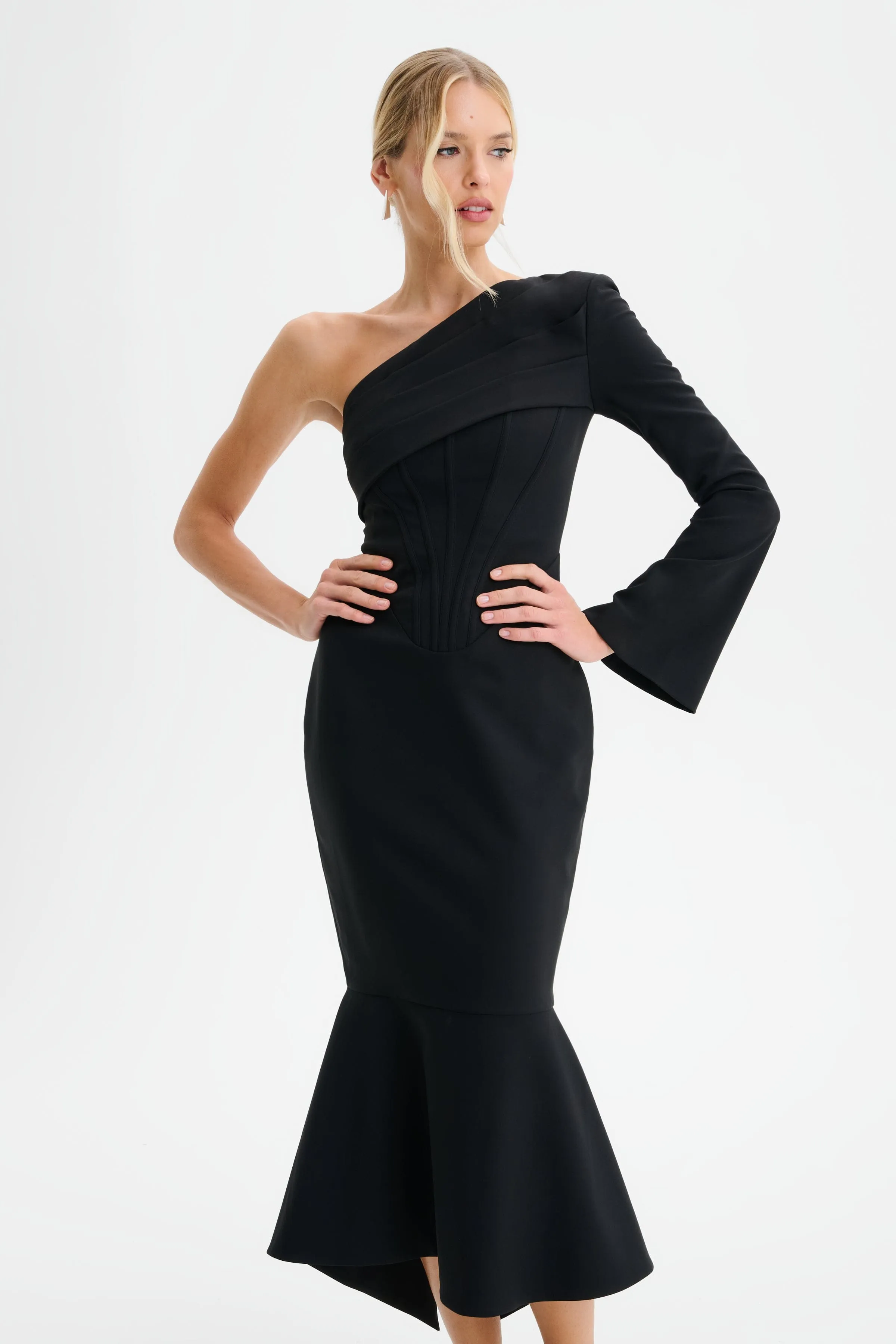 ARIANNA One Shoulder Corset Detail Fishtail Midi Dress in Black sold by Lavish Alice product image thumbnail 5