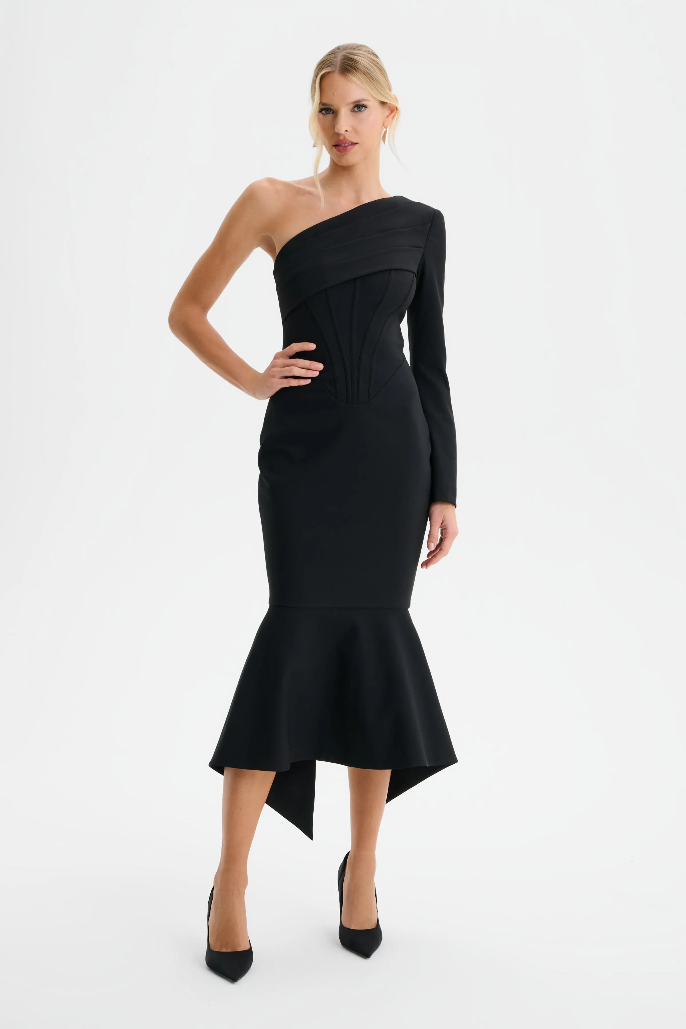 ARIANNA One Shoulder Corset Detail Fishtail Midi Dress in Black sold by Lavish Alice product image thumbnail 3