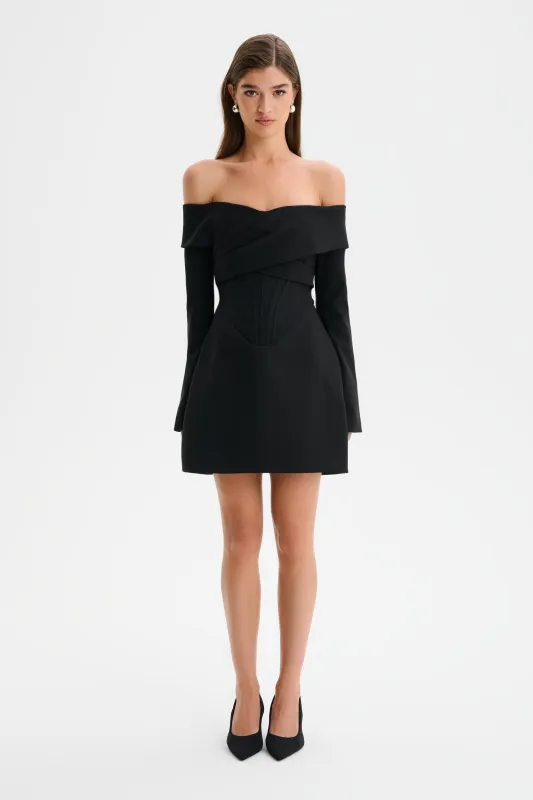 BONNIE Off Shoulder Tulip Mini Dress With Corsetry Detail in Black sold by Lavish Alice