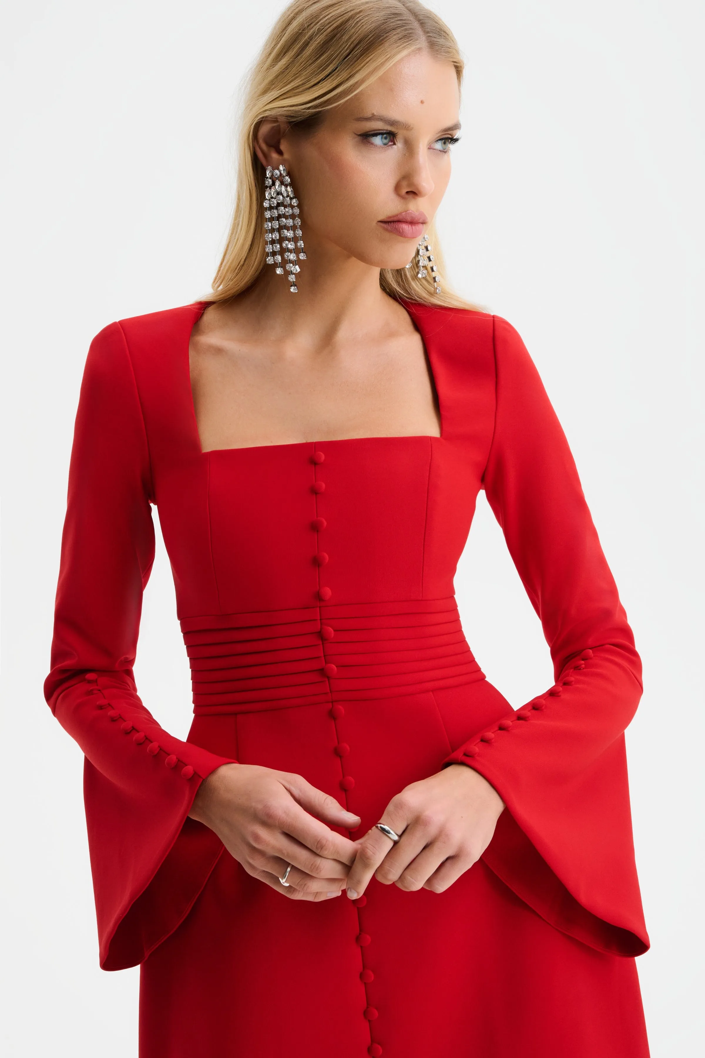 ROMY Square Neck Fluted Sleeve Mini Dress in Red sold by Lavish Alice product image thumbnail 4