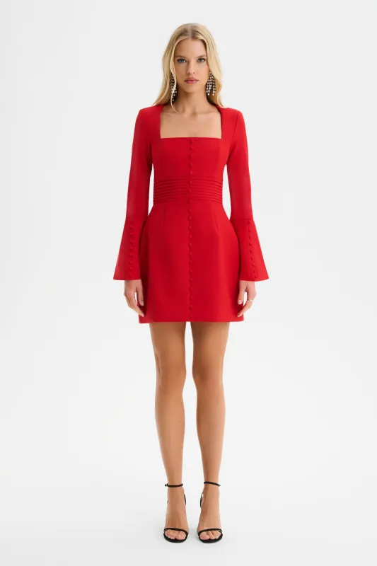 ROMY Square Neck Fluted Sleeve Mini Dress in Red sold by Lavish Alice