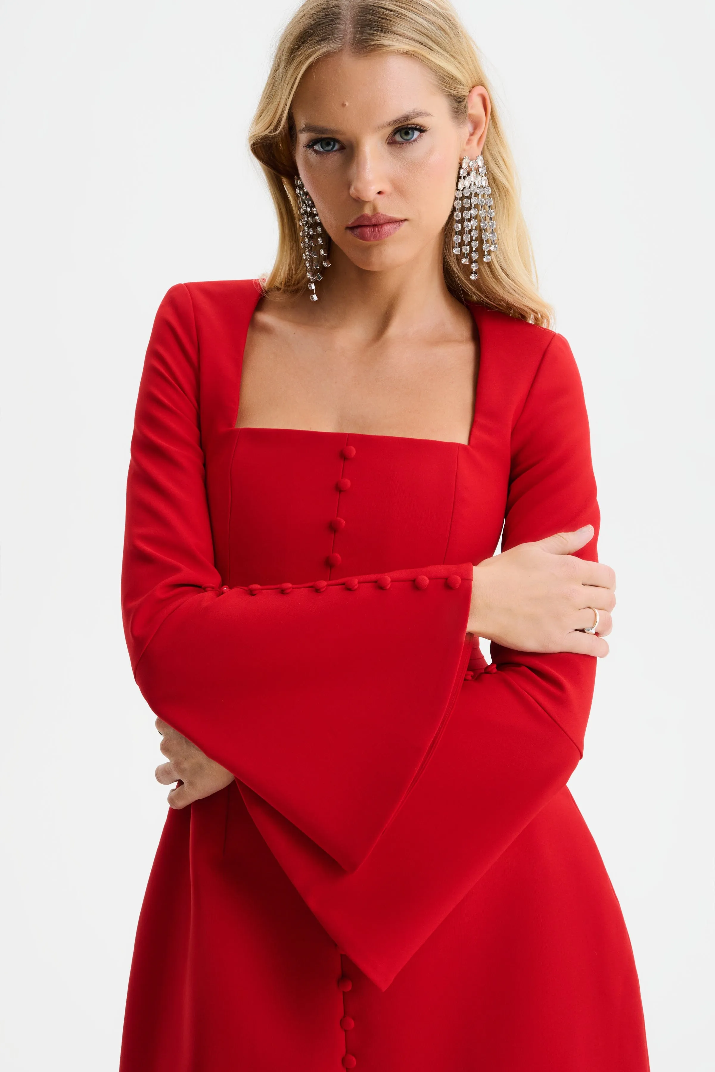ROMY Square Neck Fluted Sleeve Mini Dress in Red sold by Lavish Alice product image thumbnail 5