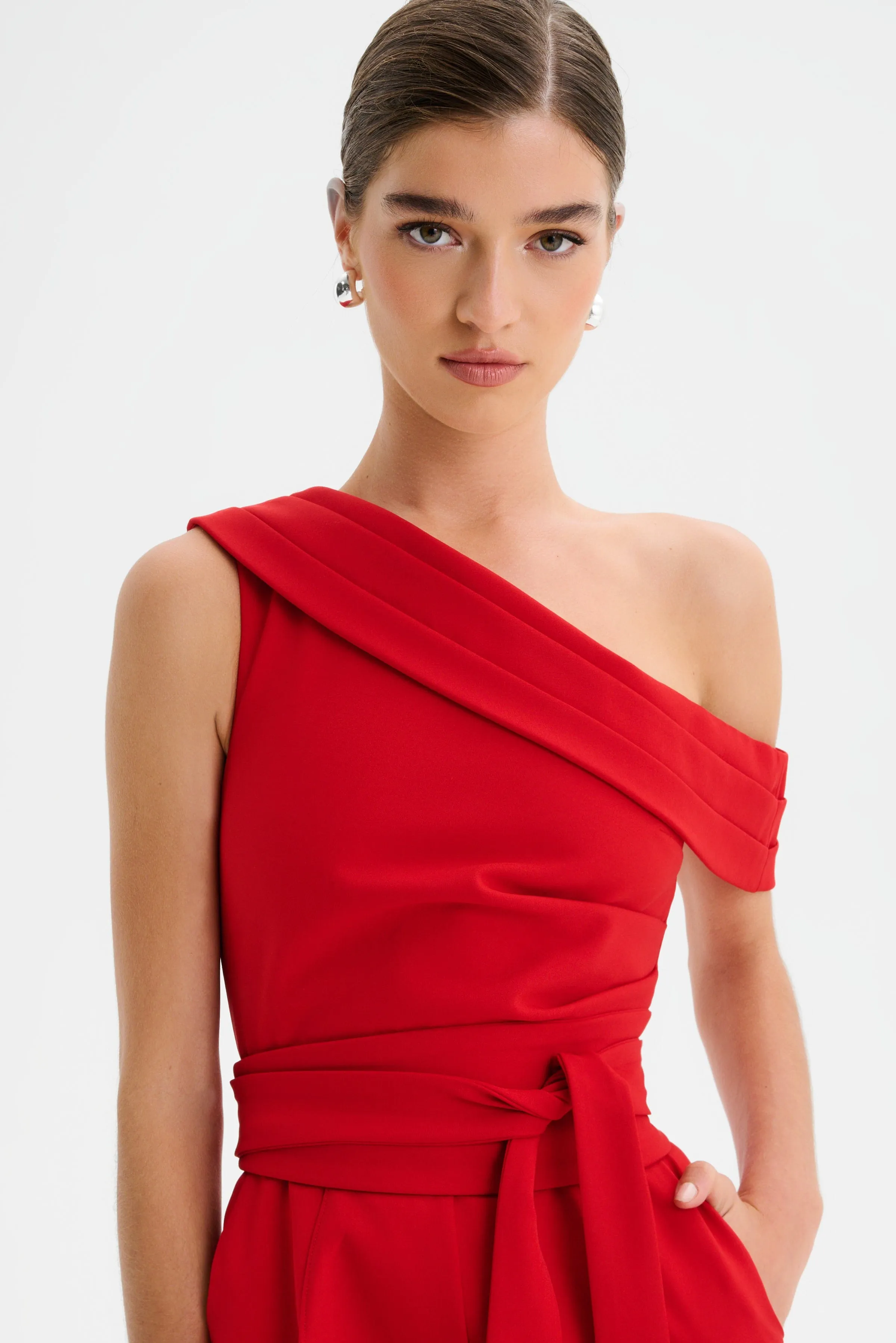 SOFIE Off Shoulder Pleated Obi Belted Jumpsuit in Red sold by Lavish Alice product image thumbnail 3