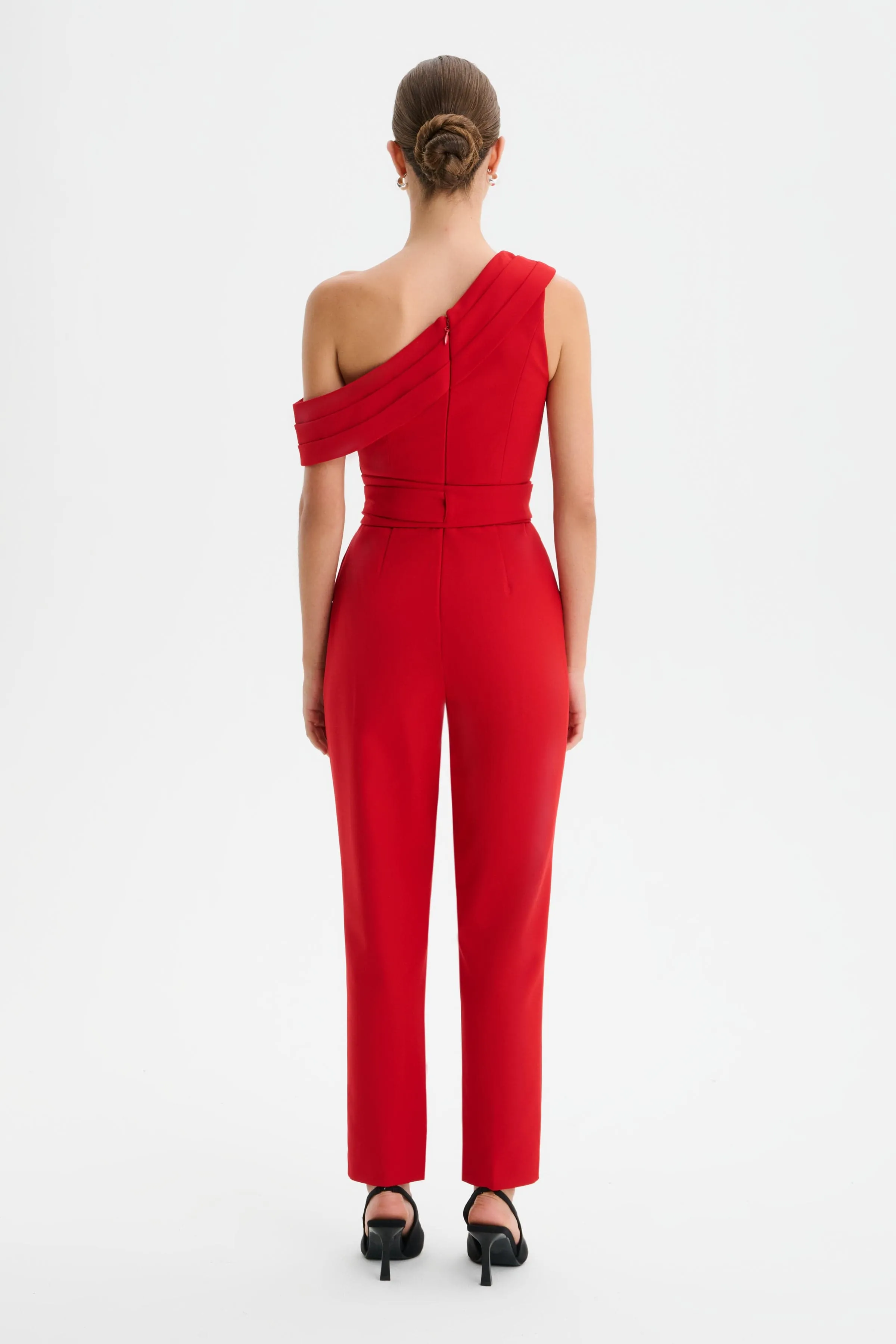 SOFIE Off Shoulder Pleated Obi Belted Jumpsuit in Red sold by Lavish Alice product image thumbnail 4