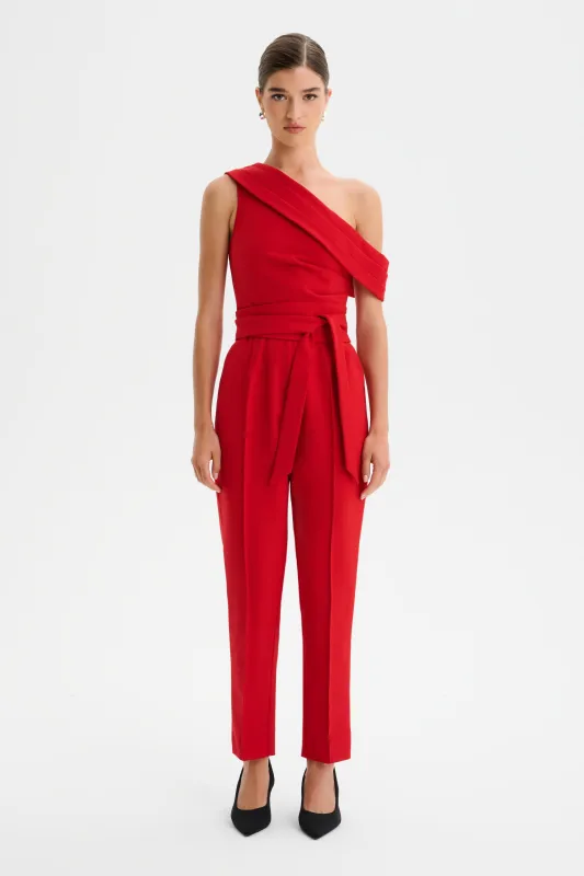 SOFIE Off Shoulder Pleated Obi Belted Jumpsuit in Red sold by Lavish Alice