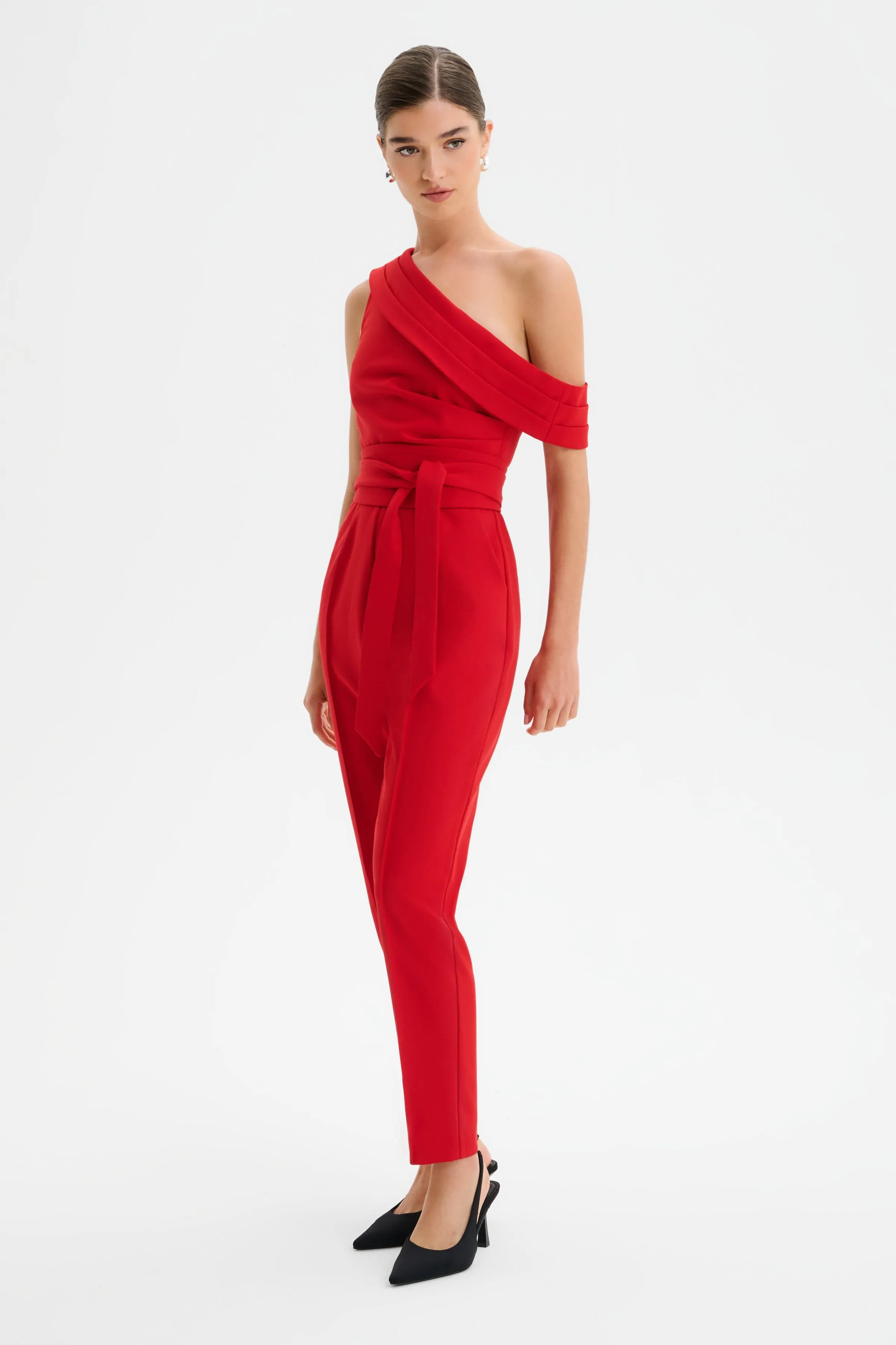 SOFIE Off Shoulder Pleated Obi Belted Jumpsuit in Red sold by Lavish Alice product image thumbnail 2