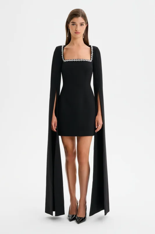 TILLY Square Neck Embellished Cape Sleeve Mini Dress in Black sold by Lavish Alice