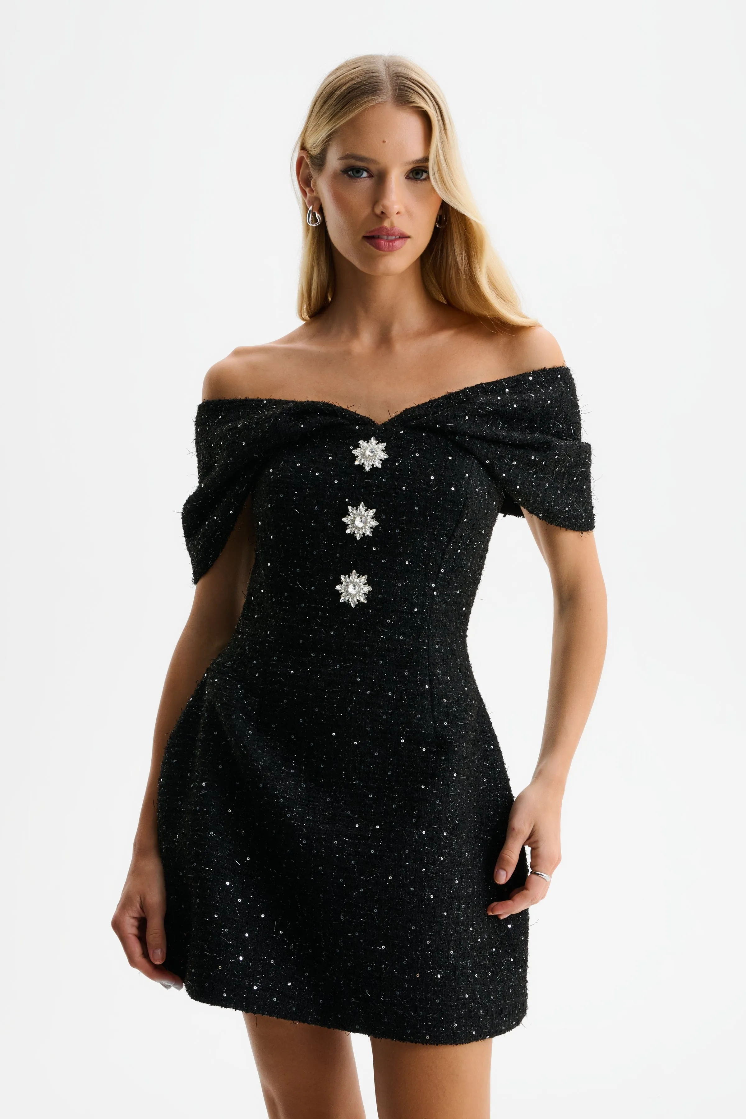 ARIELLA Sequin Boucle Off Shoulder Mini Tulip Dress in Black sold by Lavish Alice product image thumbnail 4