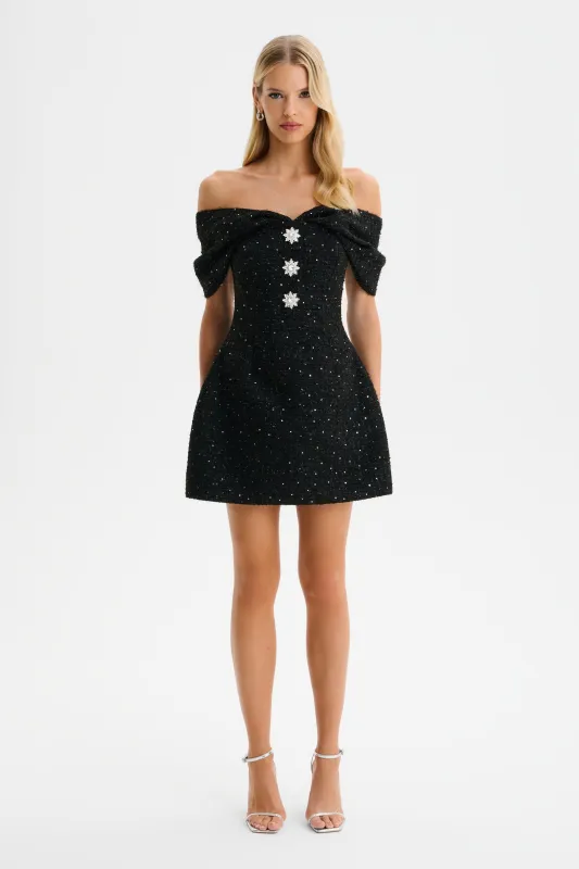 ARIELLA Sequin Boucle Off Shoulder Mini Tulip Dress in Black sold by Lavish Alice