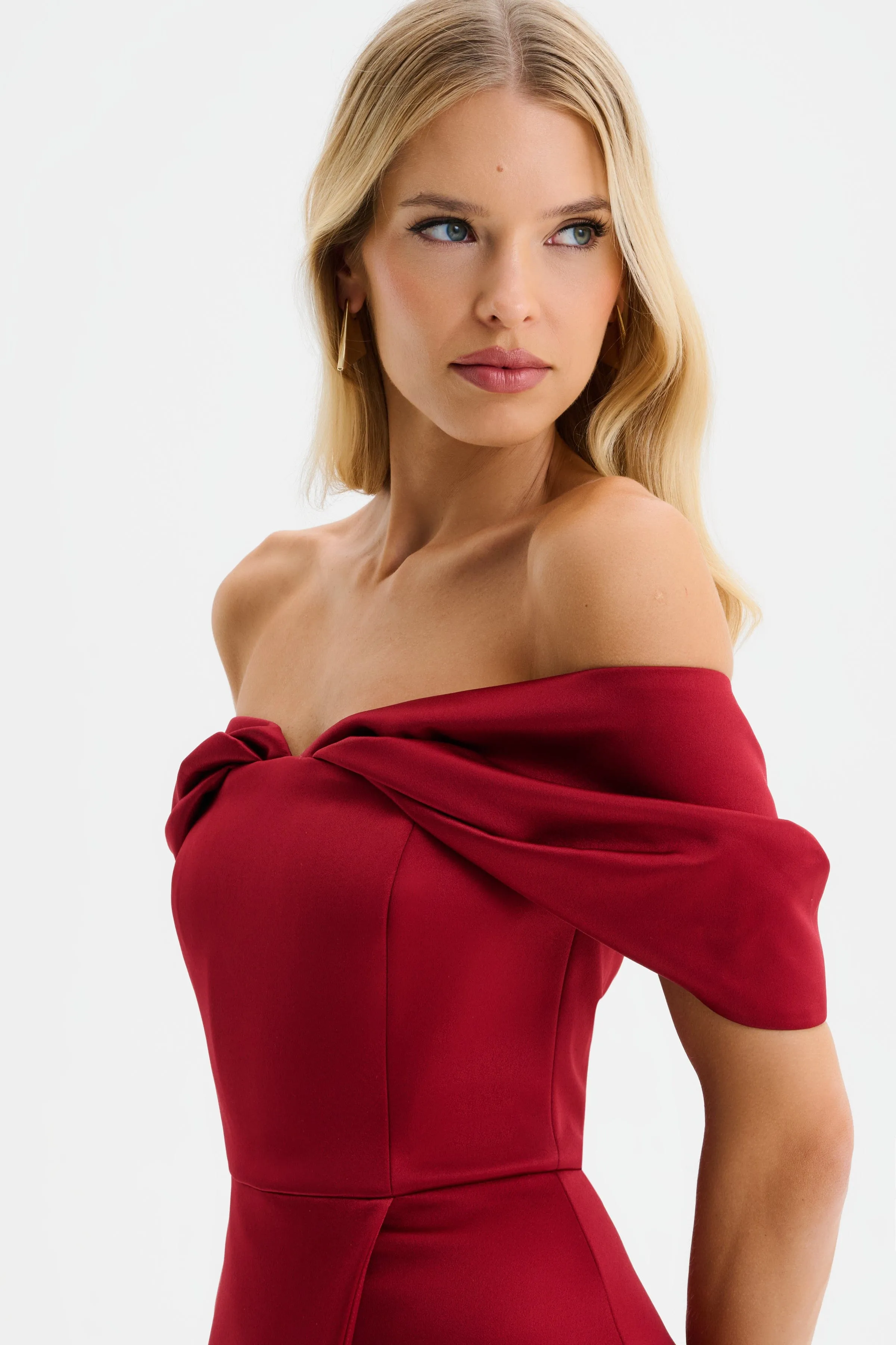 HARLEEN Draped Bardot Bonded Satin Midi Dress in Burgundy sold by Lavish Alice product image thumbnail 4