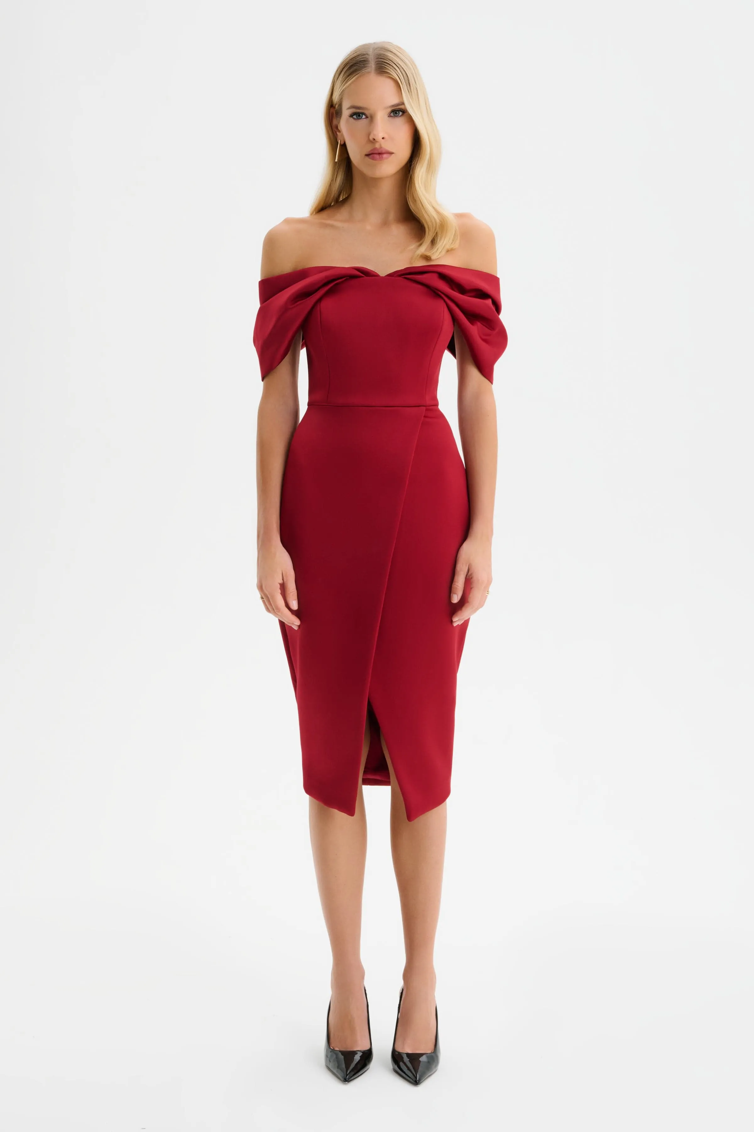 HARLEEN Draped Bardot Bonded Satin Midi Dress in Burgundy sold by Lavish Alice