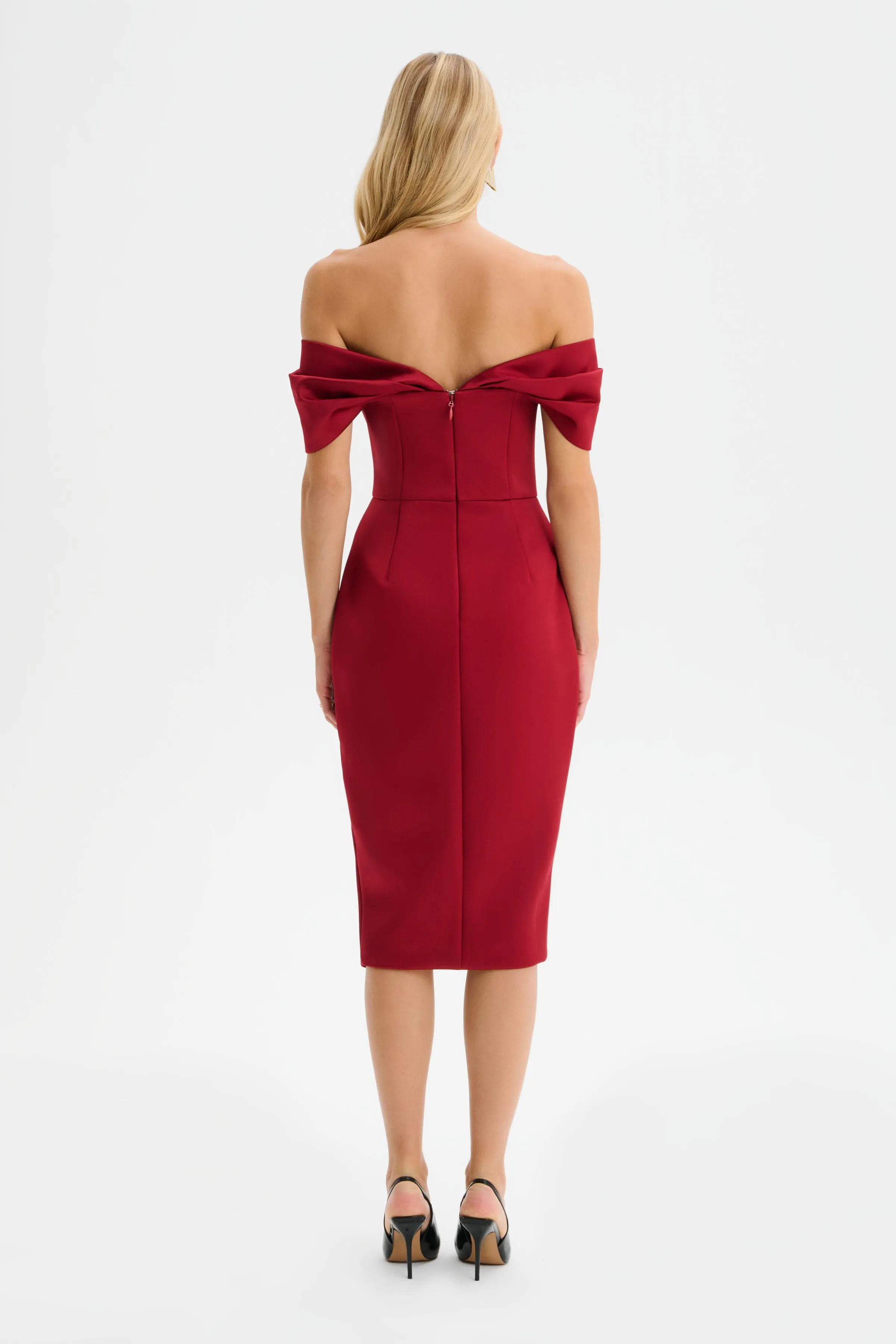 HARLEEN Draped Bardot Bonded Satin Midi Dress in Burgundy sold by Lavish Alice product image thumbnail 5