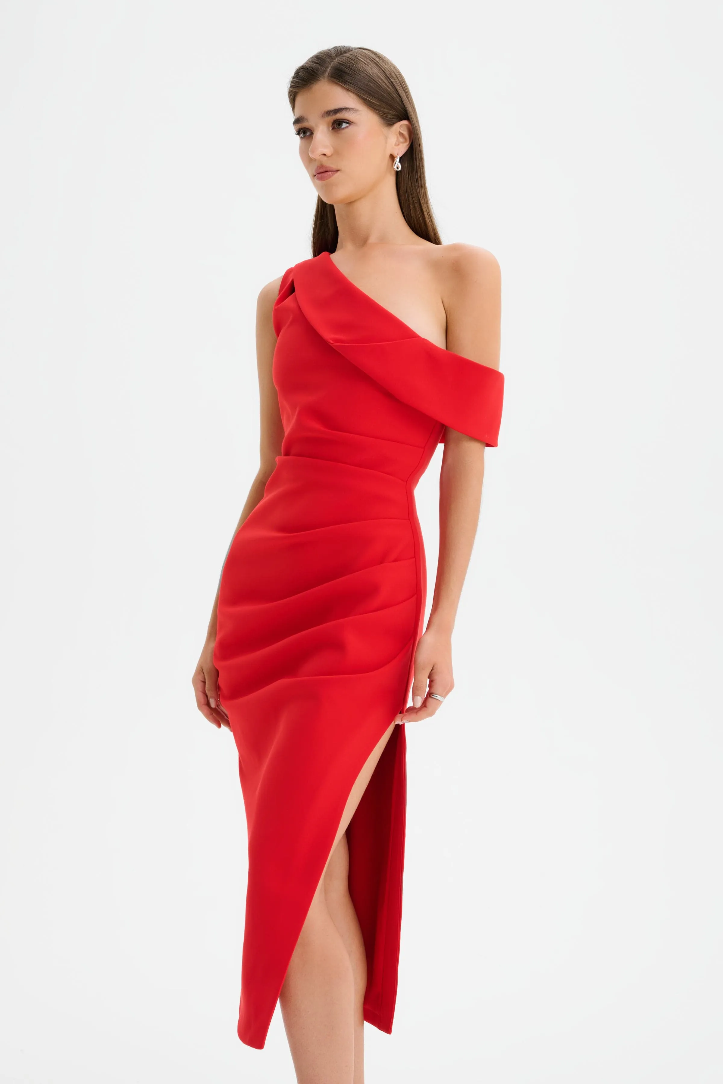 LINA One Shoulder Pleated Midi Dress in Red sold by Lavish Alice product image thumbnail 4