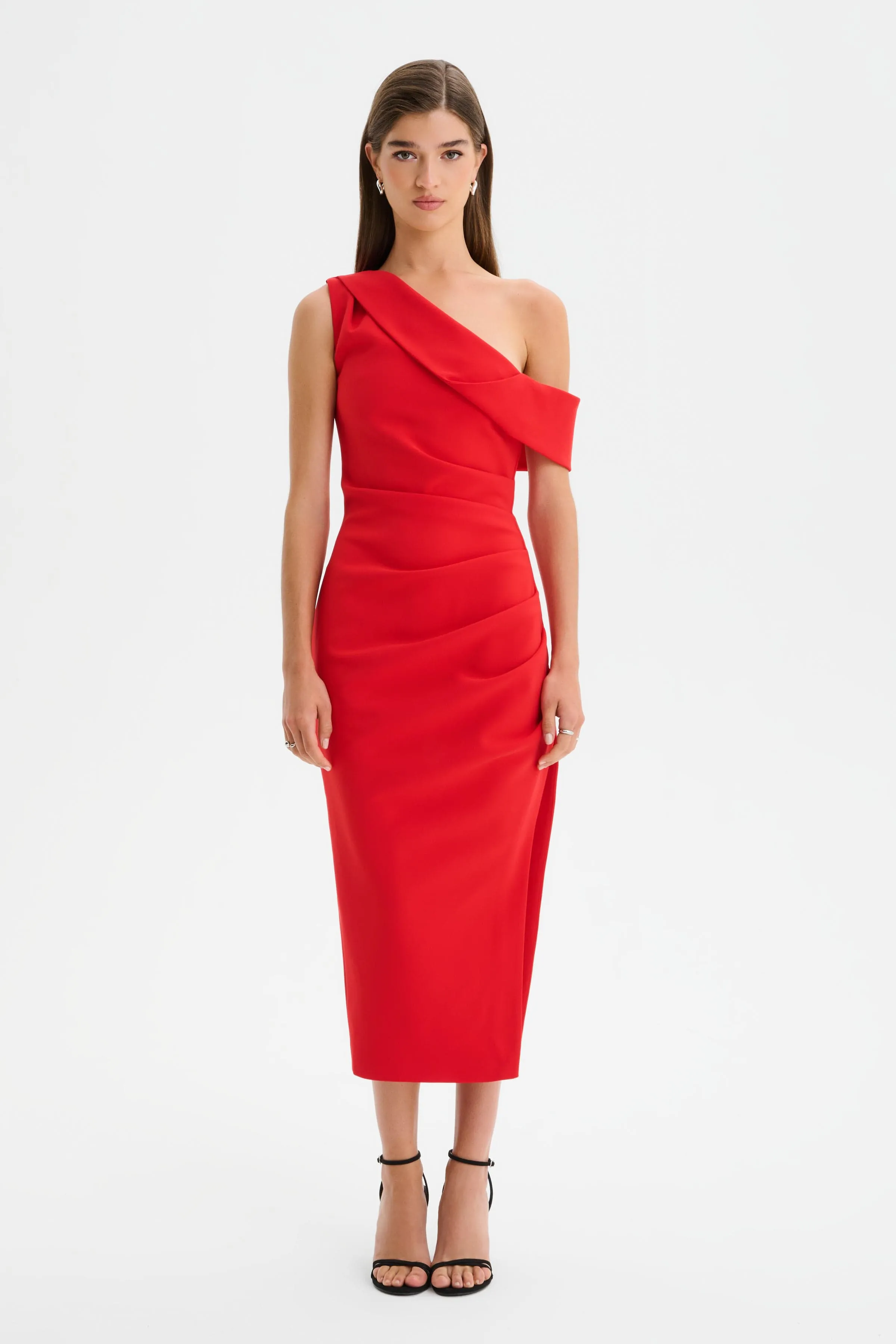 LINA One Shoulder Pleated Midi Dress in Red sold by Lavish Alice