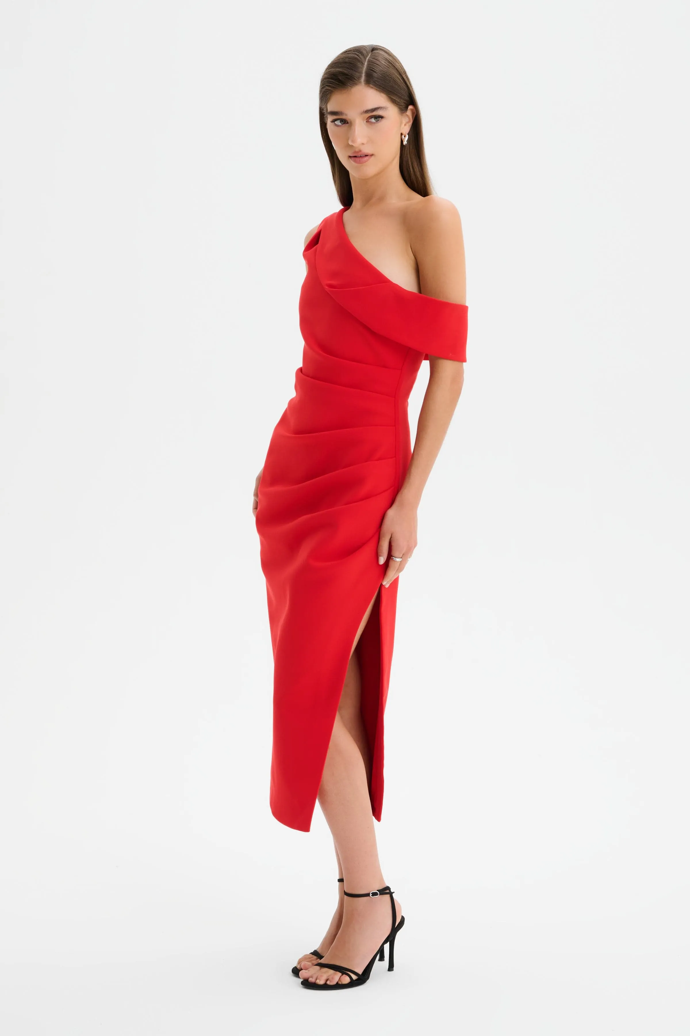 LINA One Shoulder Pleated Midi Dress in Red sold by Lavish Alice product image thumbnail 2