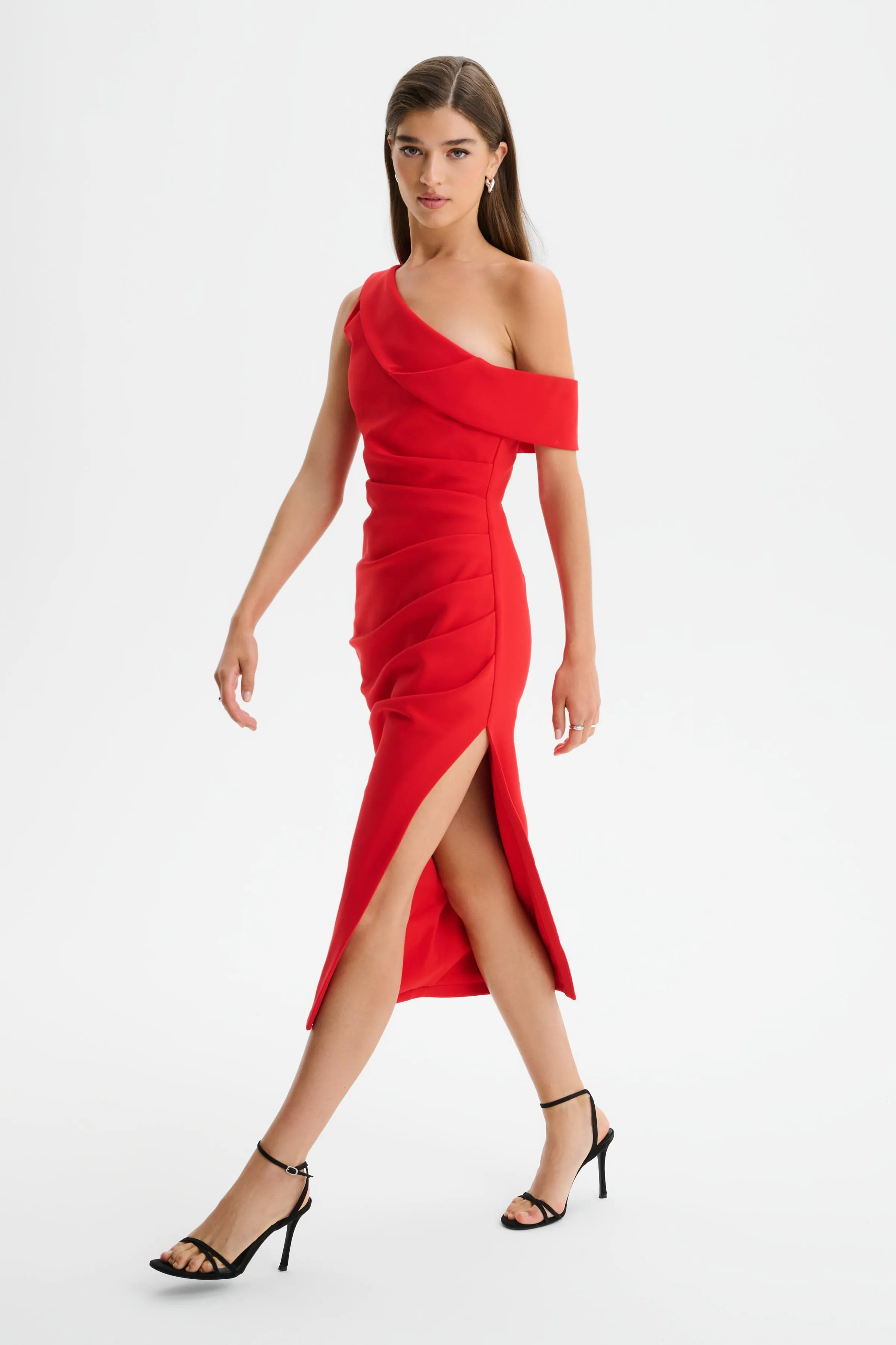 LINA One Shoulder Pleated Midi Dress in Red sold by Lavish Alice product image thumbnail 3