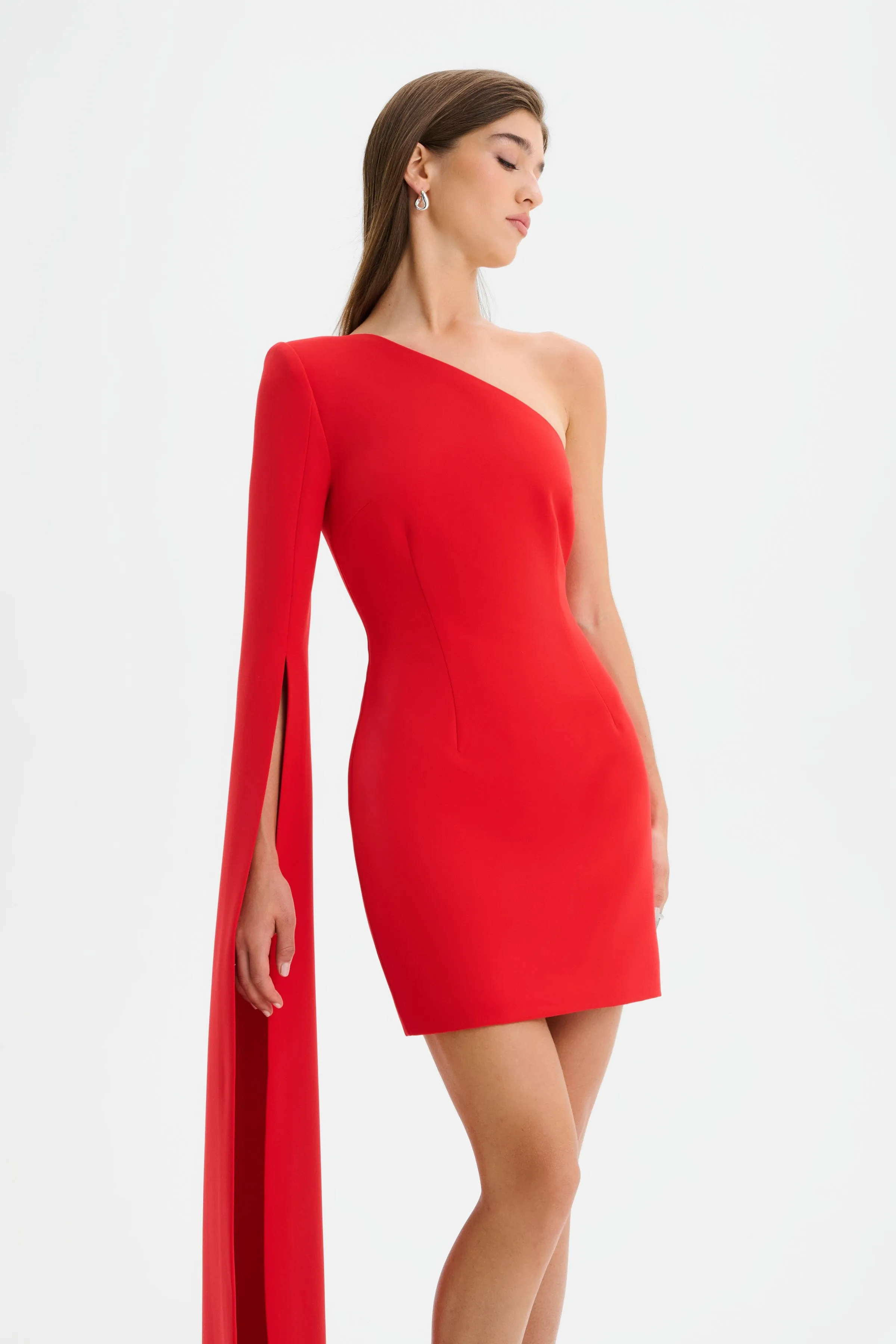 KATIE One Shoulder Cape Sleeve Mini Dress in Red sold by Lavish Alice product image thumbnail 3