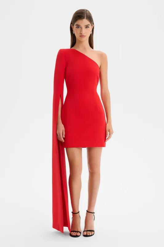KATIE One Shoulder Cape Sleeve Mini Dress in Red sold by Lavish Alice