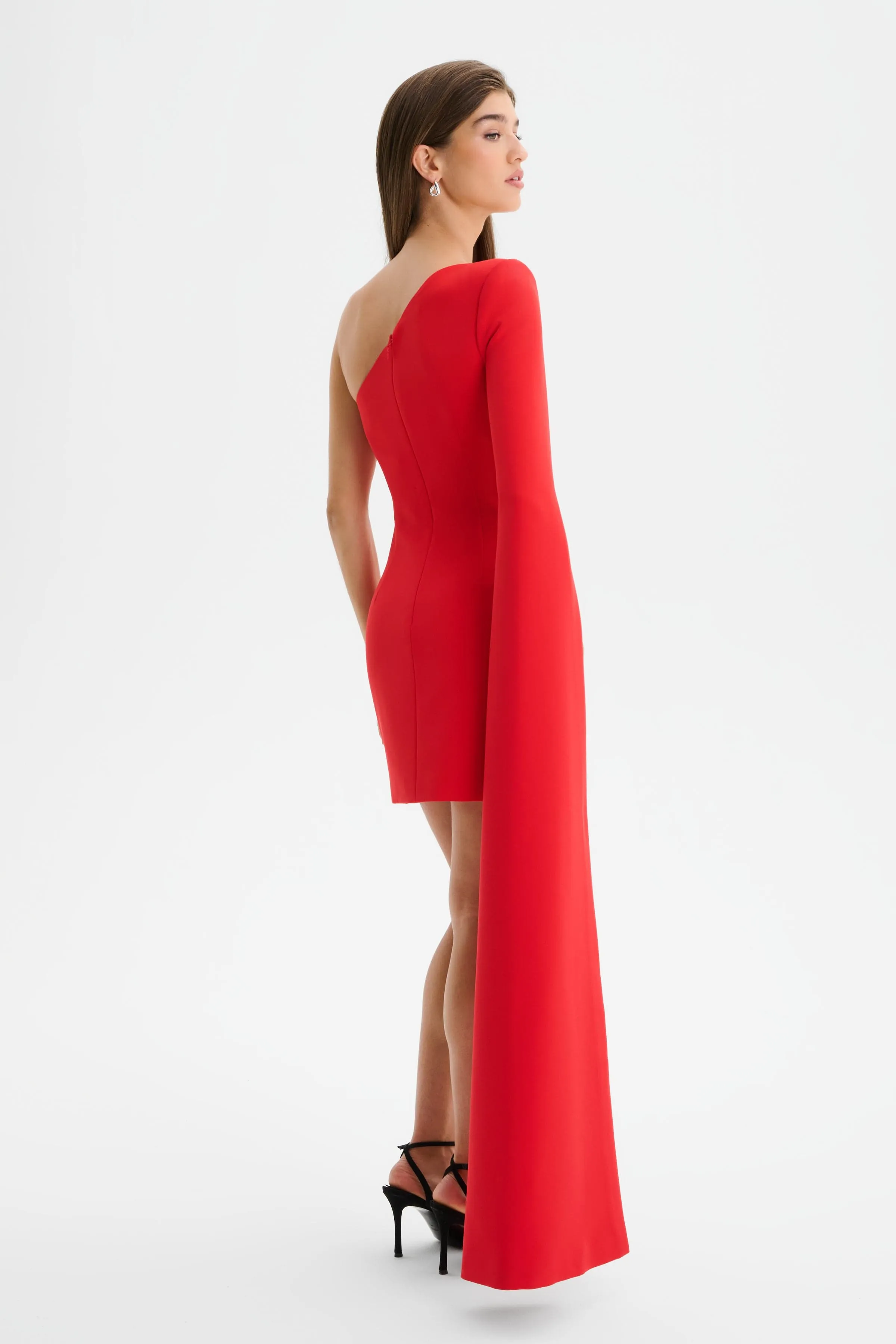 KATIE One Shoulder Cape Sleeve Mini Dress in Red sold by Lavish Alice product image thumbnail 5