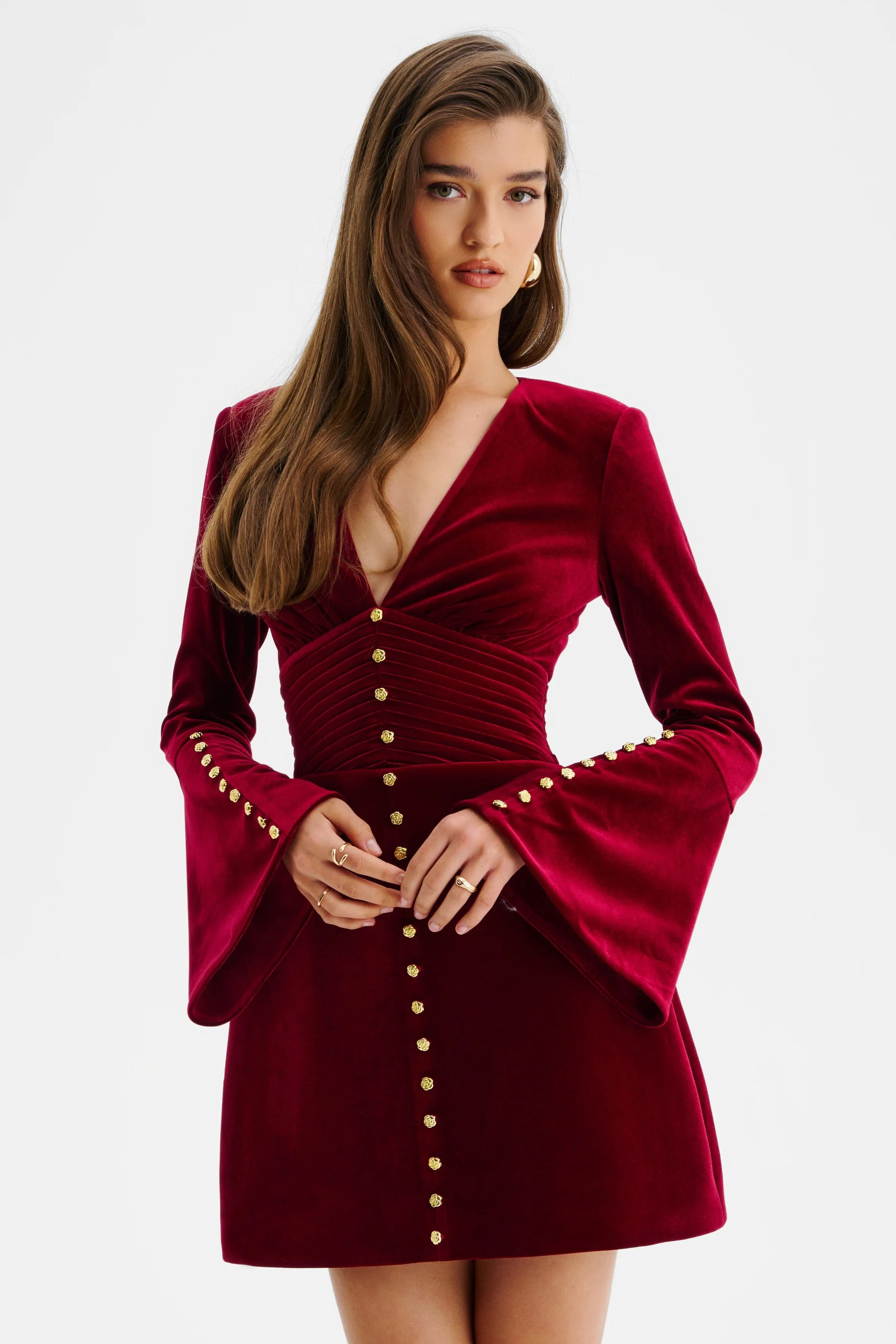 LARA Fluted Sleeve Rose Button Velvet Mini Dress In Burgundy sold by Lavish Alice product image thumbnail 3