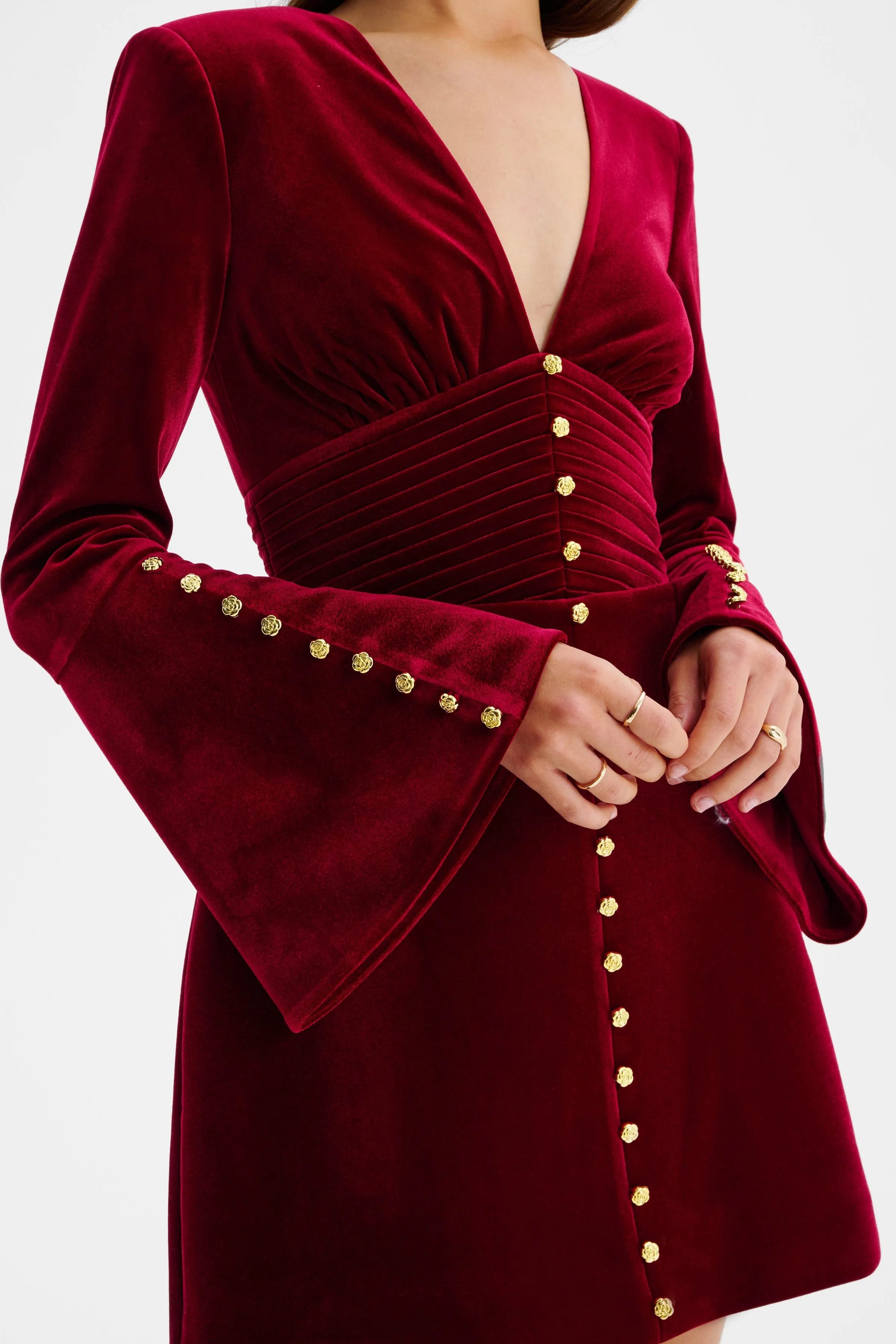 LARA Fluted Sleeve Rose Button Velvet Mini Dress In Burgundy sold by Lavish Alice product image thumbnail 4