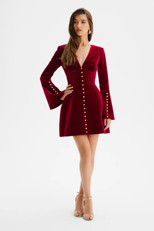 LARA Fluted Sleeve Rose Button Velvet Mini Dress In Burgundy sold by Lavish Alice