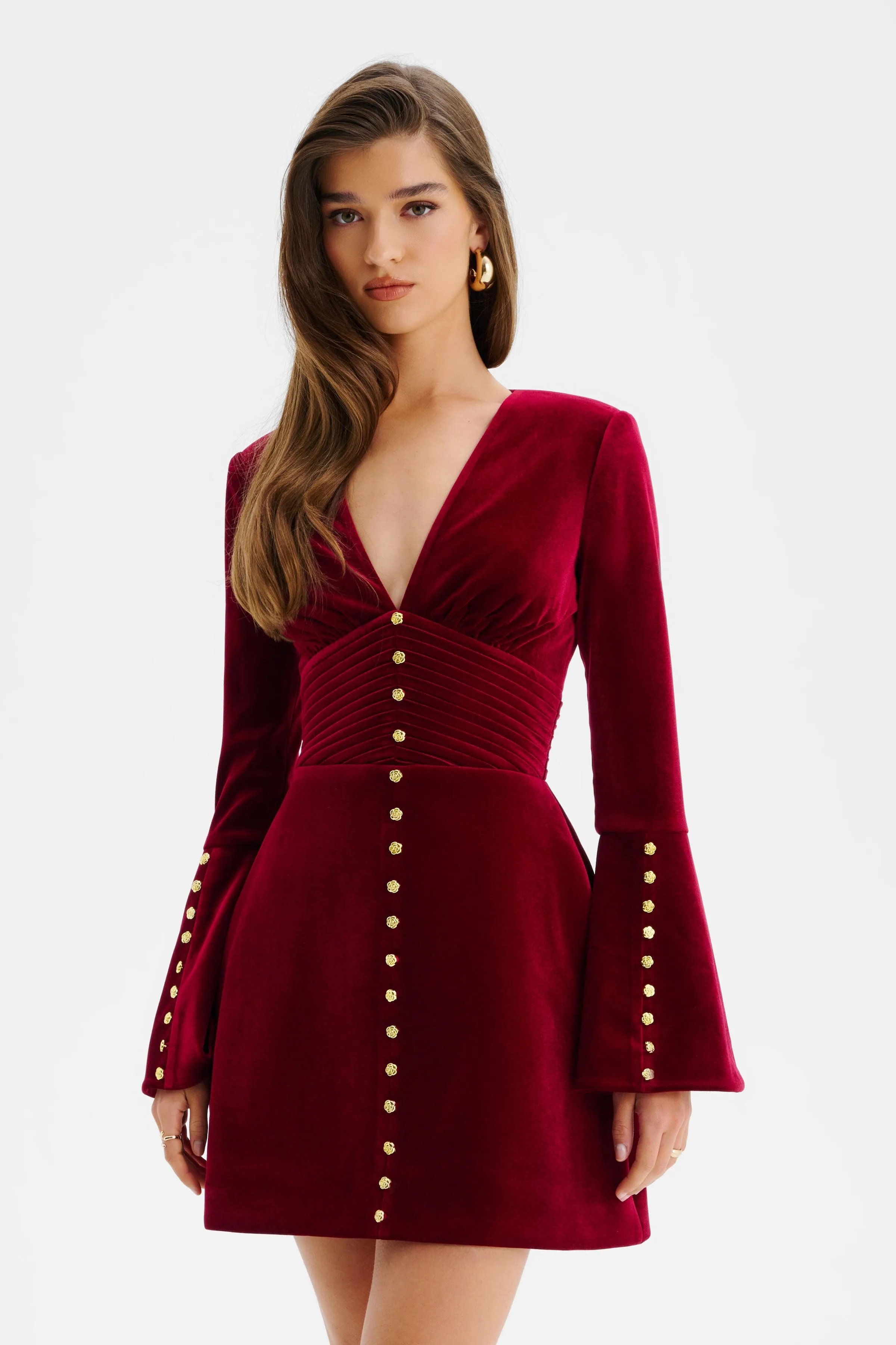 LARA Fluted Sleeve Rose Button Velvet Mini Dress In Burgundy sold by Lavish Alice product image thumbnail 2