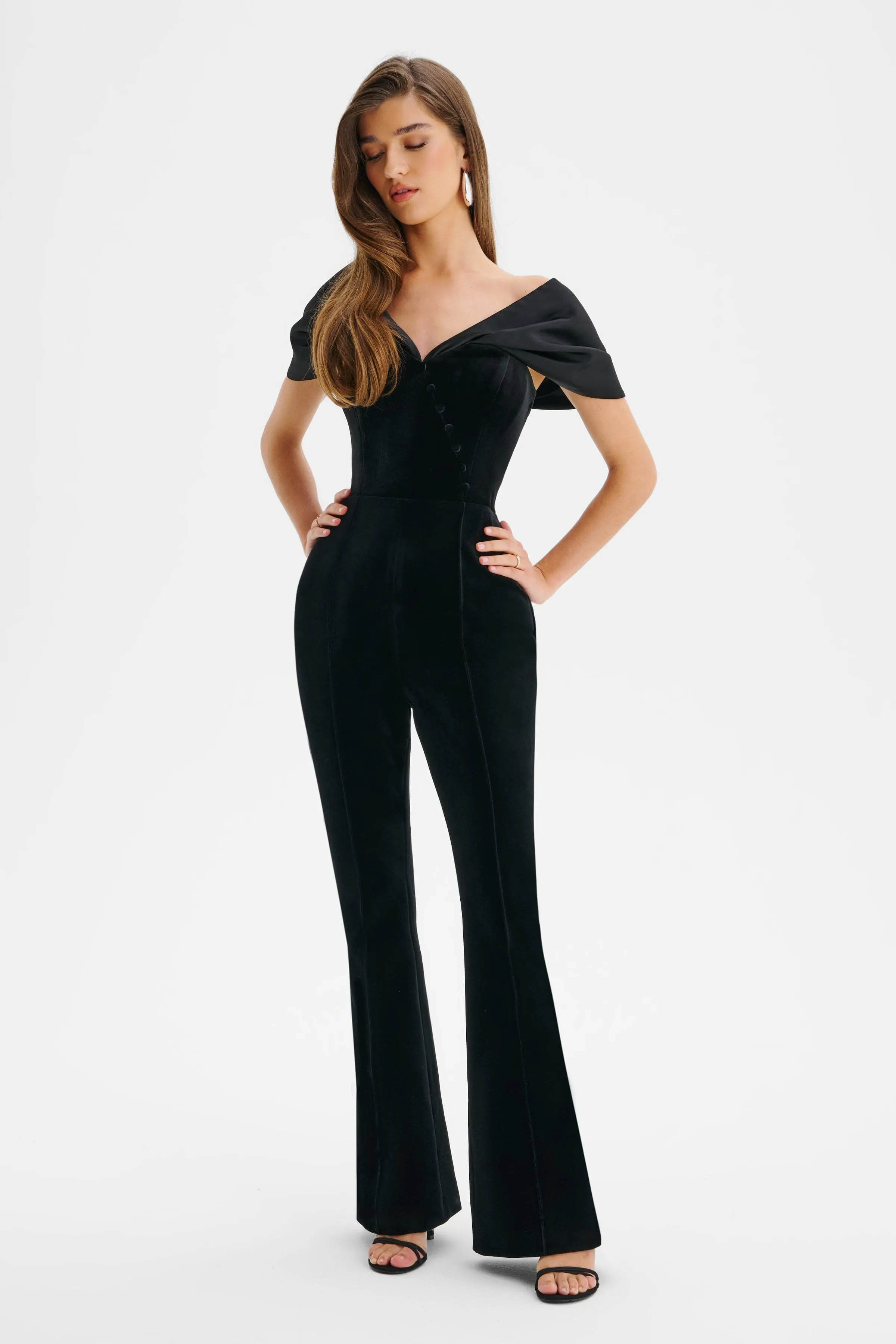 ANTONIA Velvet Satin Mix Bardot Jumpsuit In Black sold by Lavish Alice product image thumbnail 3