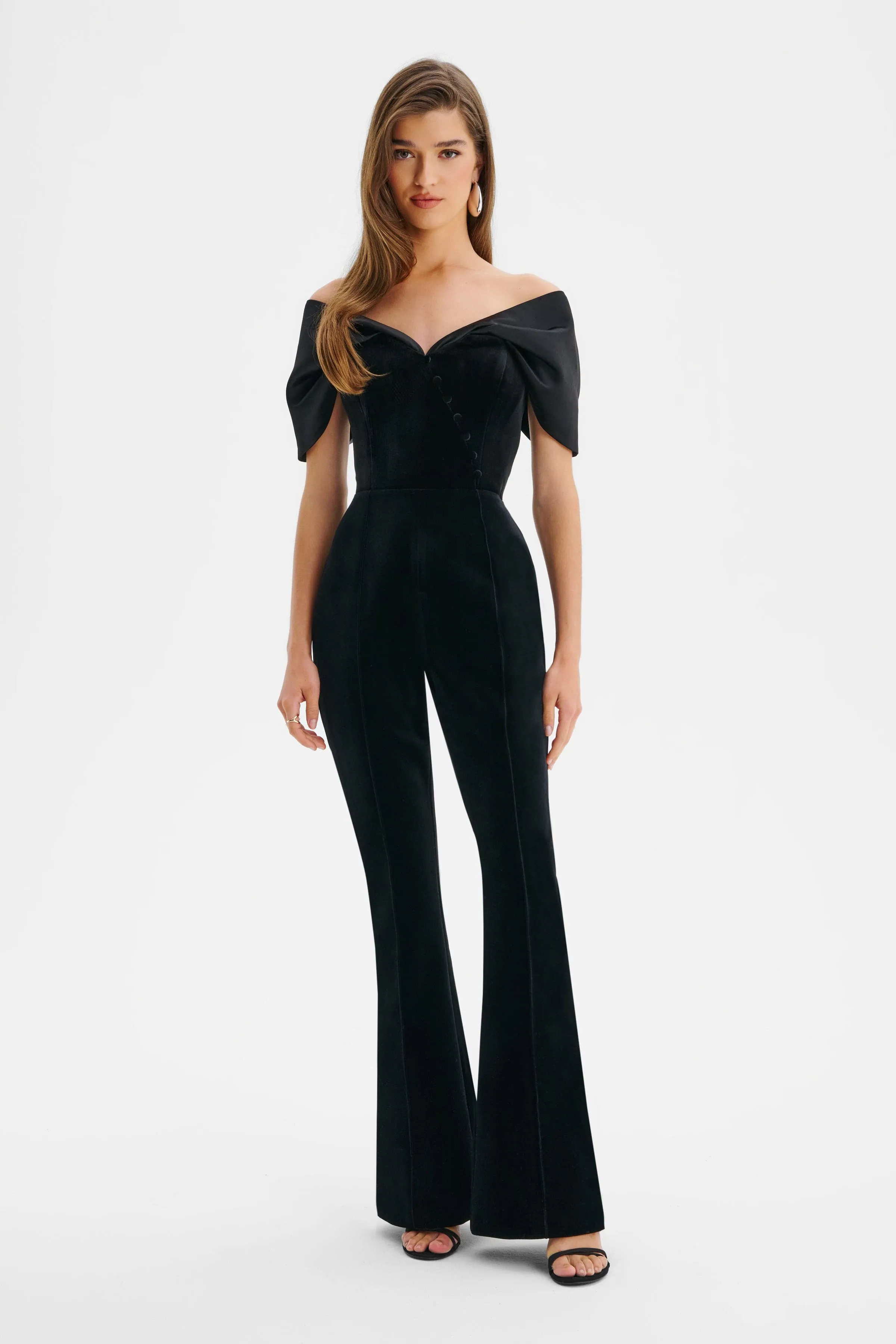 ANTONIA Velvet Satin Mix Bardot Jumpsuit In Black sold by Lavish Alice