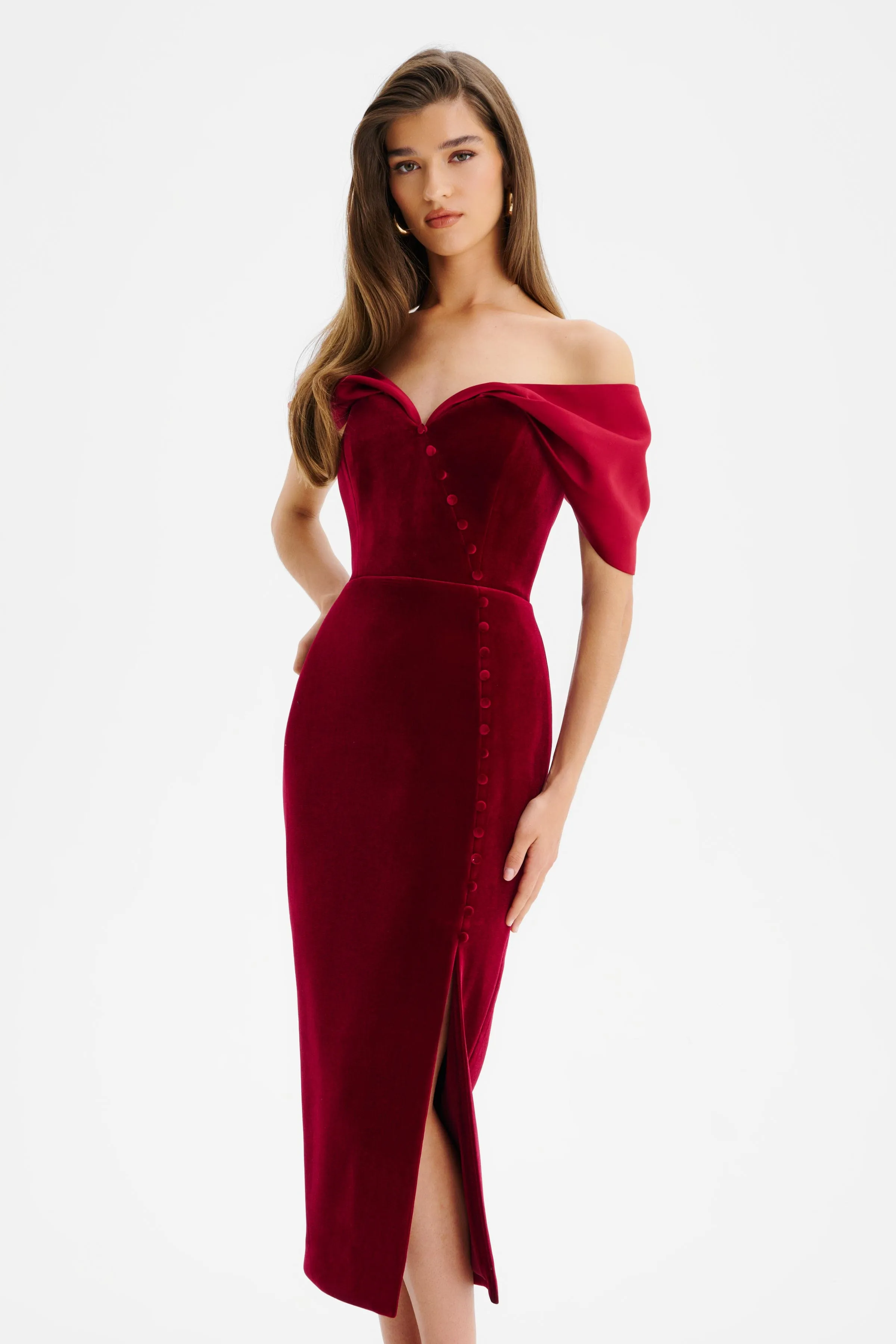NOELLE Velvet Satin Mix Bardot Midi Dress In Burgundy sold by Lavish Alice product image thumbnail 2