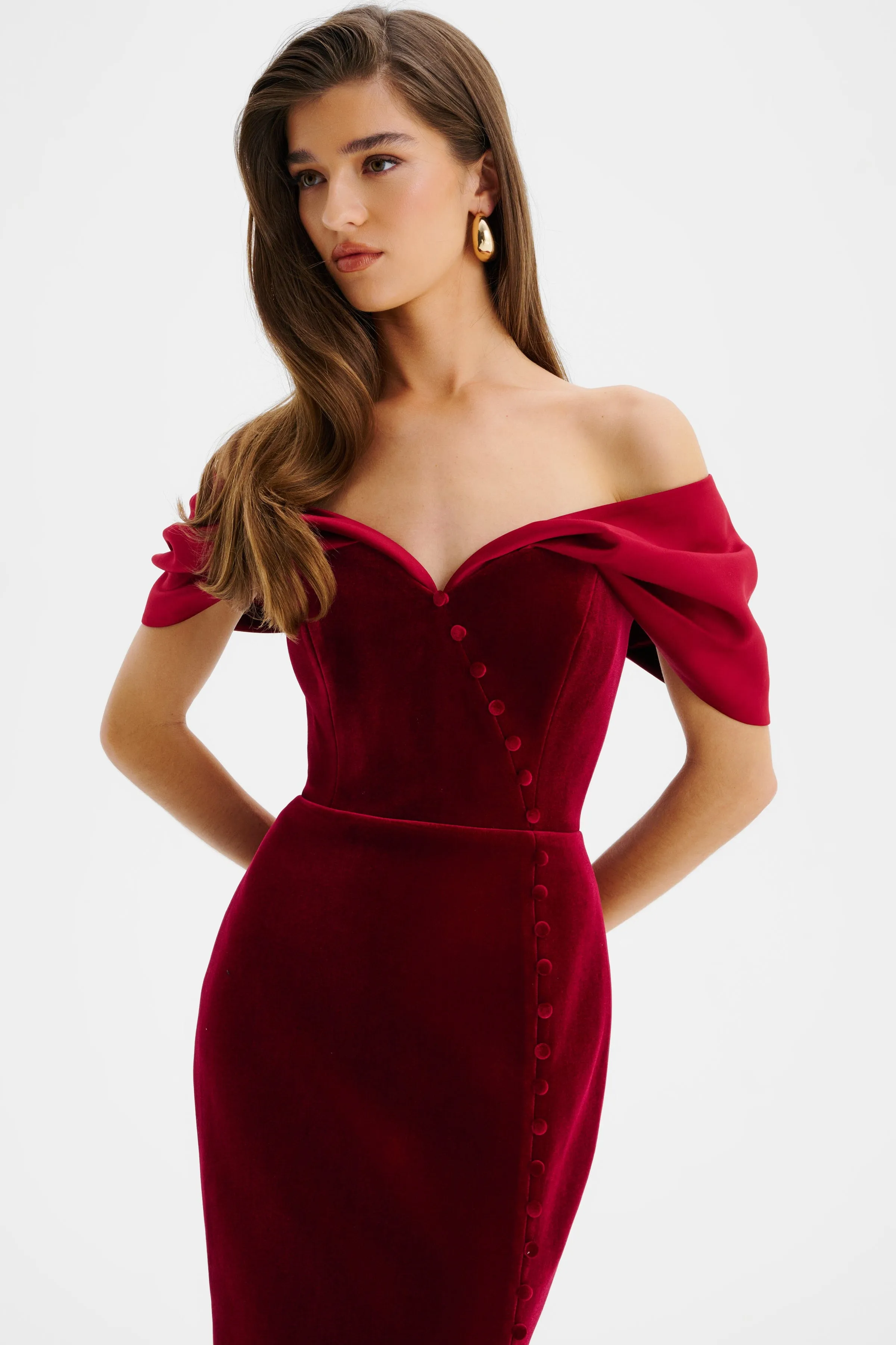 NOELLE Velvet Satin Mix Bardot Midi Dress In Burgundy sold by Lavish Alice product image thumbnail 3