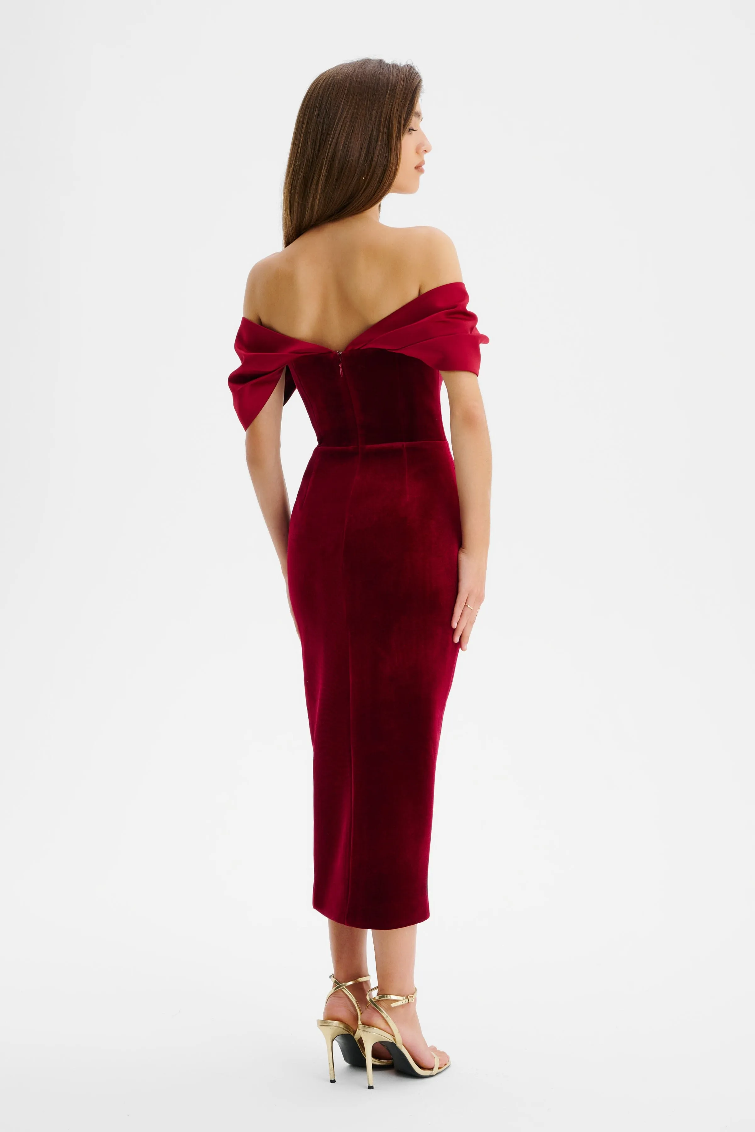 NOELLE Velvet Satin Mix Bardot Midi Dress In Burgundy sold by Lavish Alice product image thumbnail 4