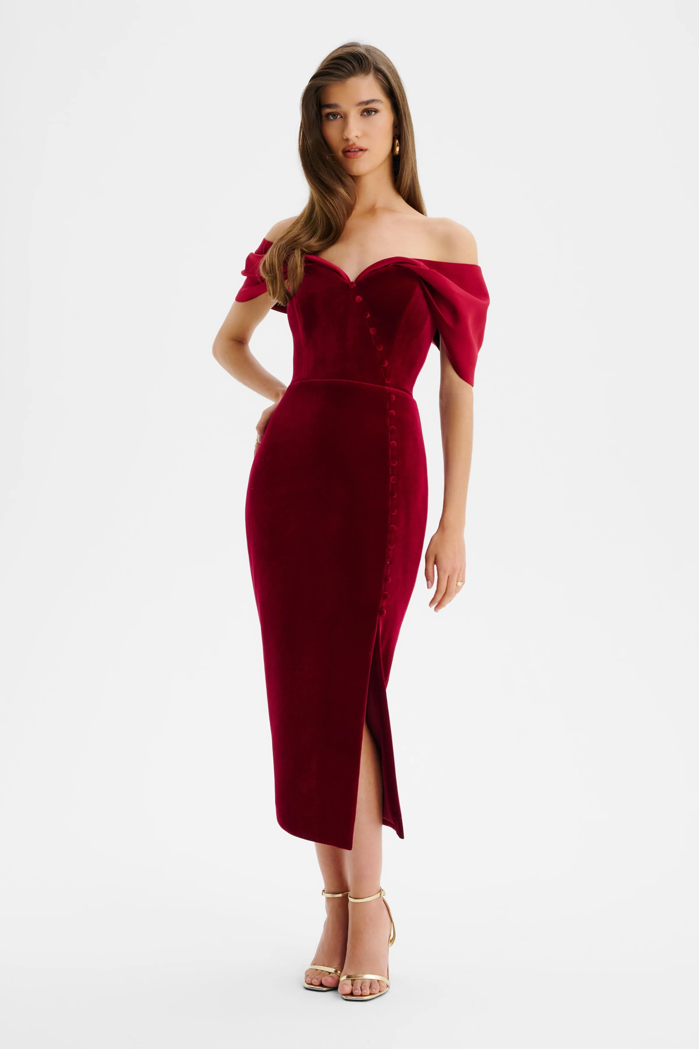 NOELLE Velvet Satin Mix Bardot Midi Dress In Burgundy sold by Lavish Alice