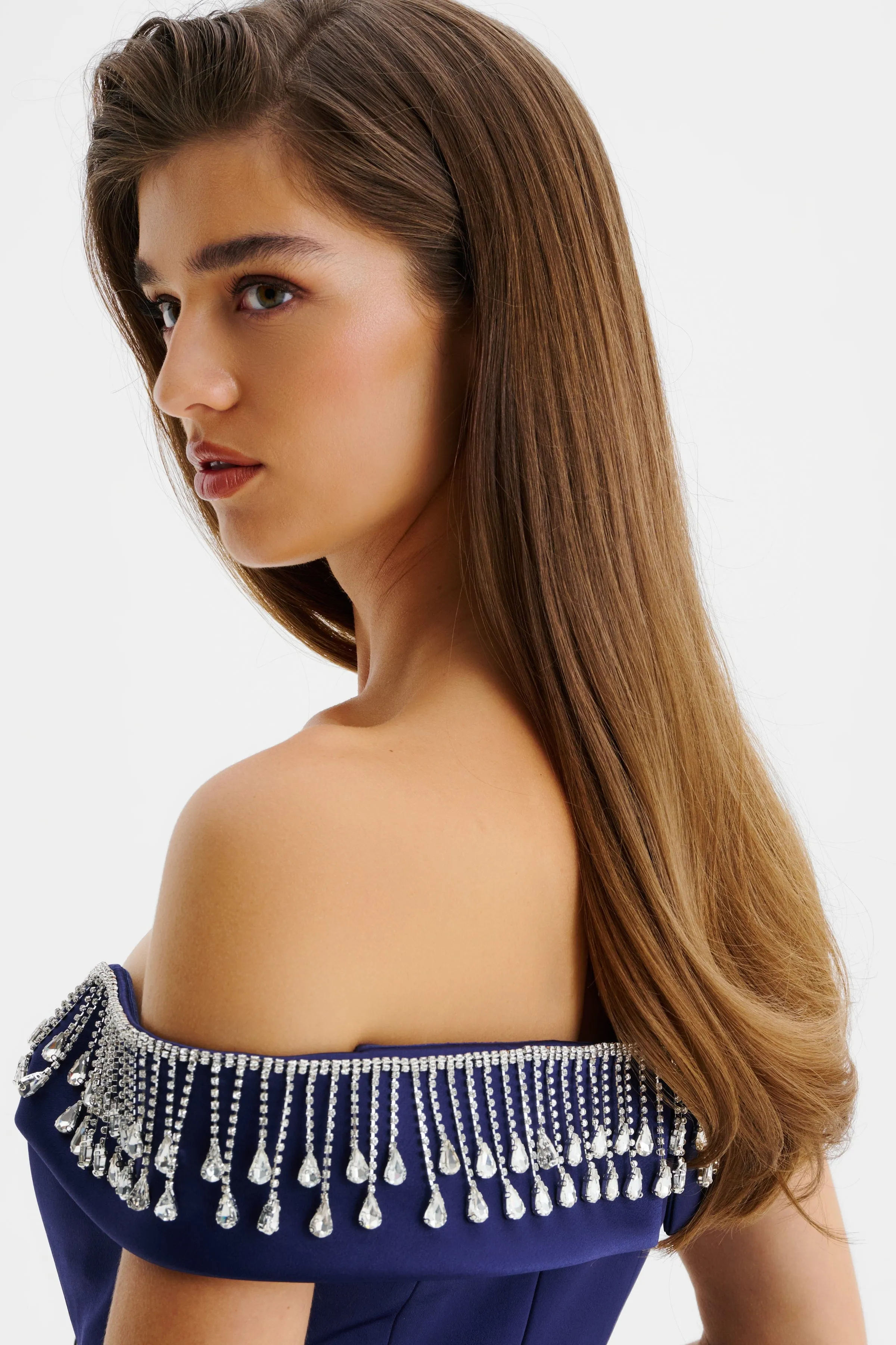 THEA Satin Off Shoulder Mini Dress With Diamante Fringe In Midnight Blue sold by Lavish Alice product image thumbnail 4