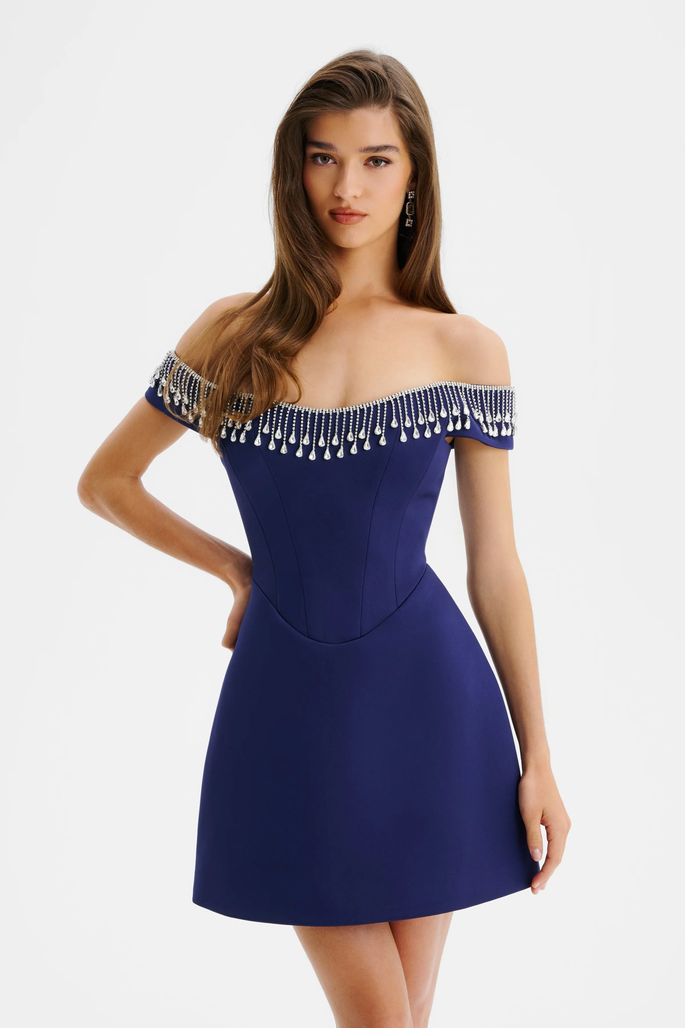 THEA Satin Off Shoulder Mini Dress With Diamante Fringe In Midnight Blue sold by Lavish Alice product image thumbnail 2
