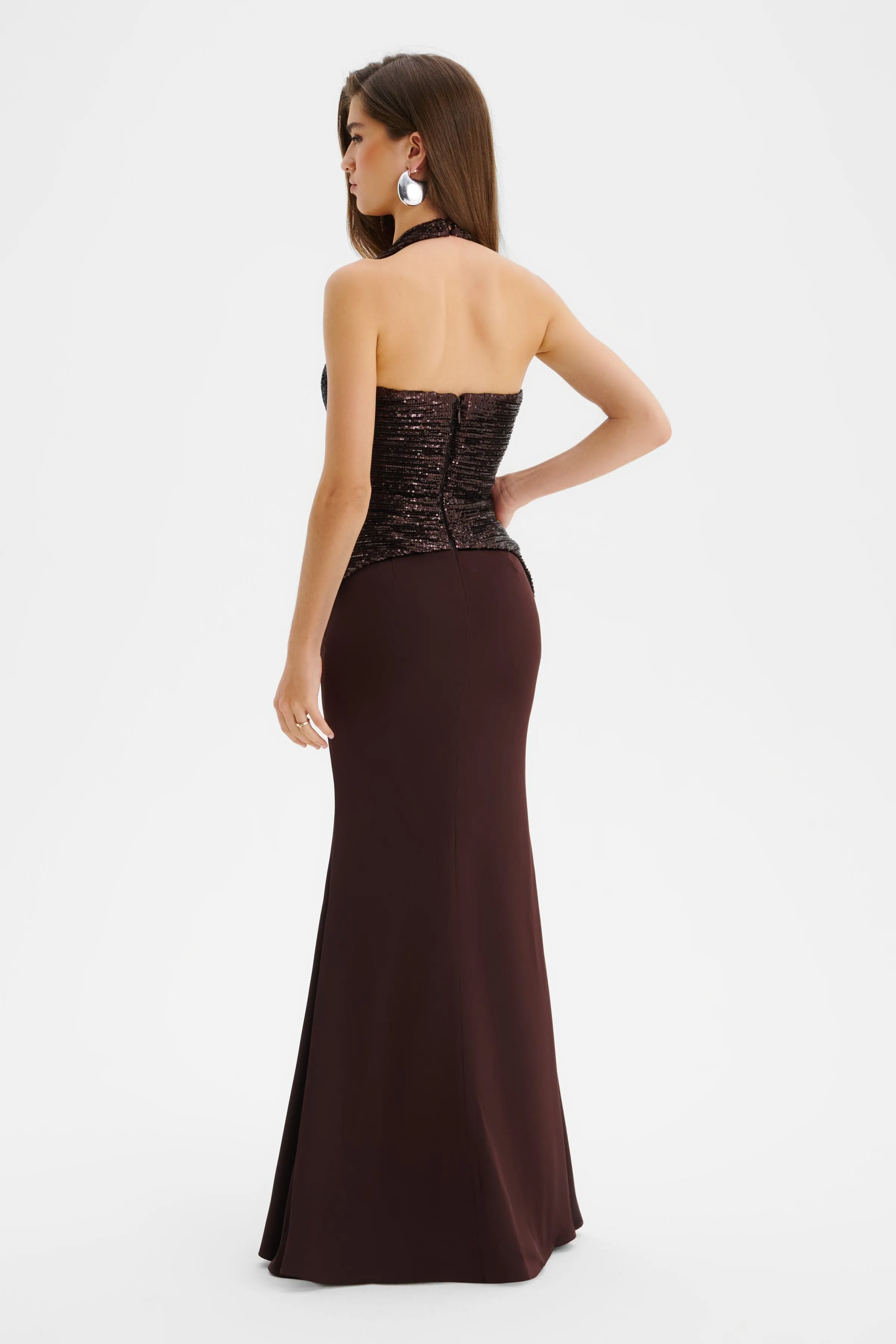 LUCIENNE Pleated Sequin Hourglass Corset Maxi Dress In Brown sold by Lavish Alice product image thumbnail 5