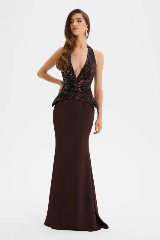 LUCIENNE Pleated Sequin Hourglass Corset Maxi Dress In Brown sold by Lavish Alice