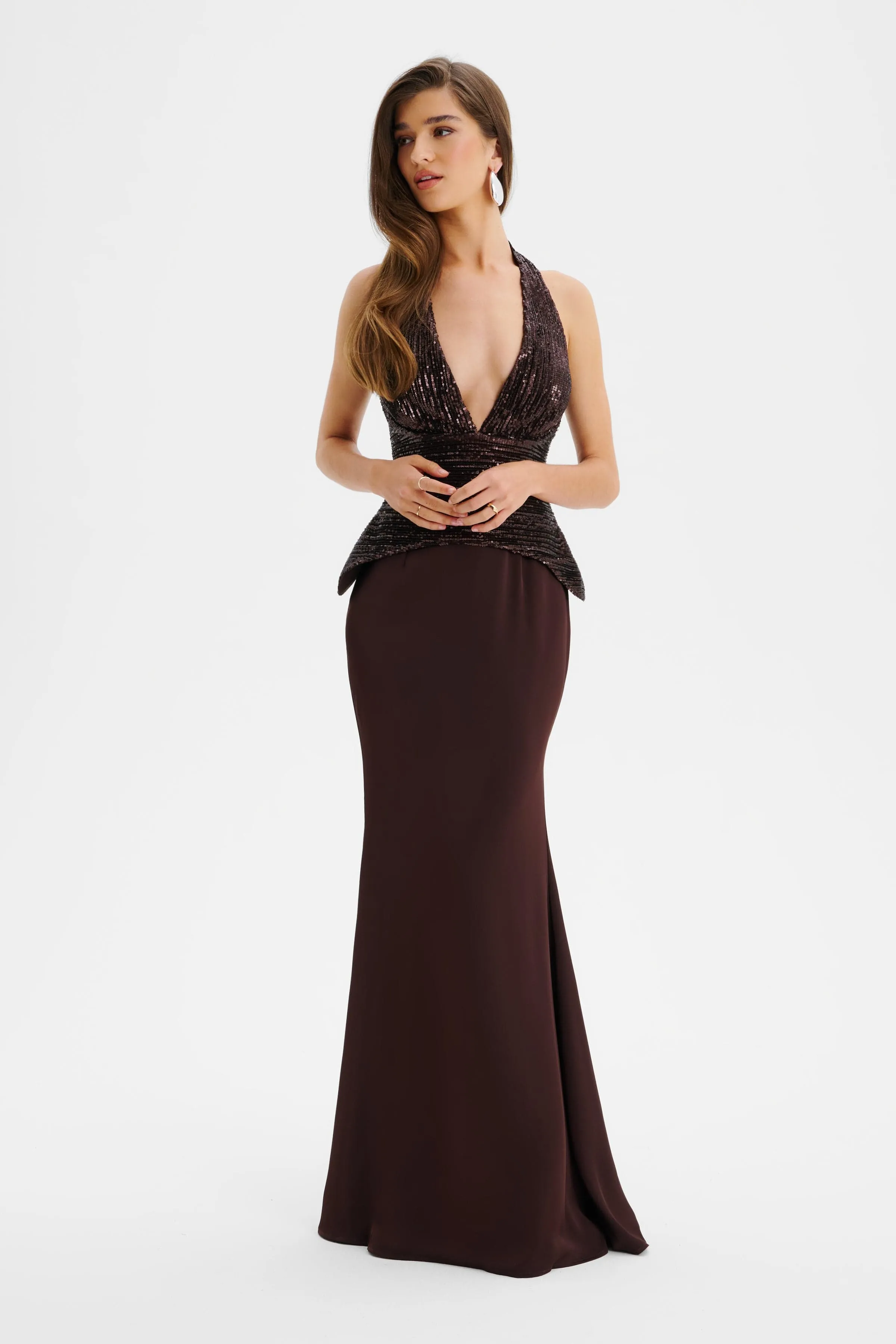 LUCIENNE Pleated Sequin Hourglass Corset Maxi Dress In Brown sold by Lavish Alice product image thumbnail 2